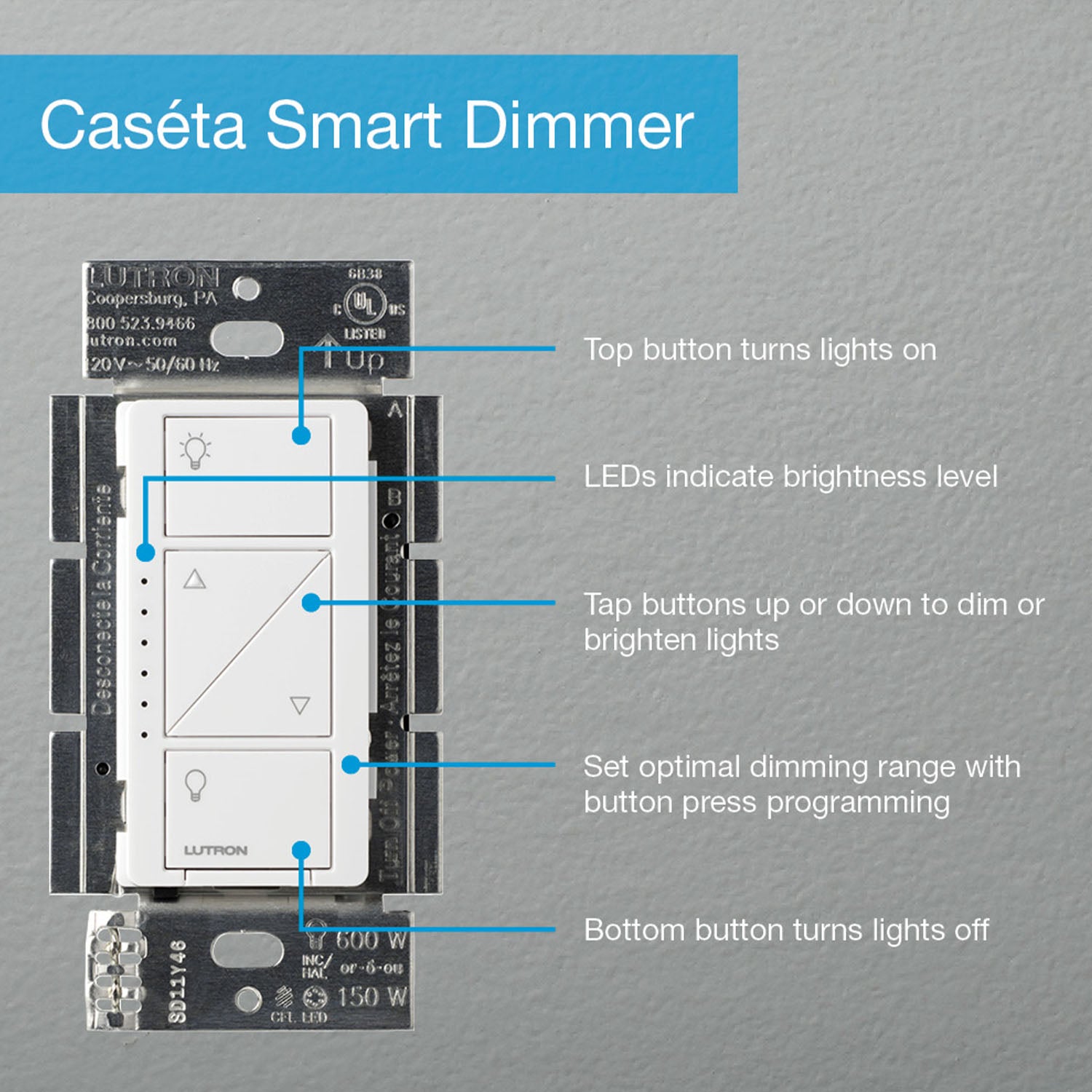 Caseta Wireless Smart LED Dimmer Switch, 3-Way/Multi-Location, Light Almond