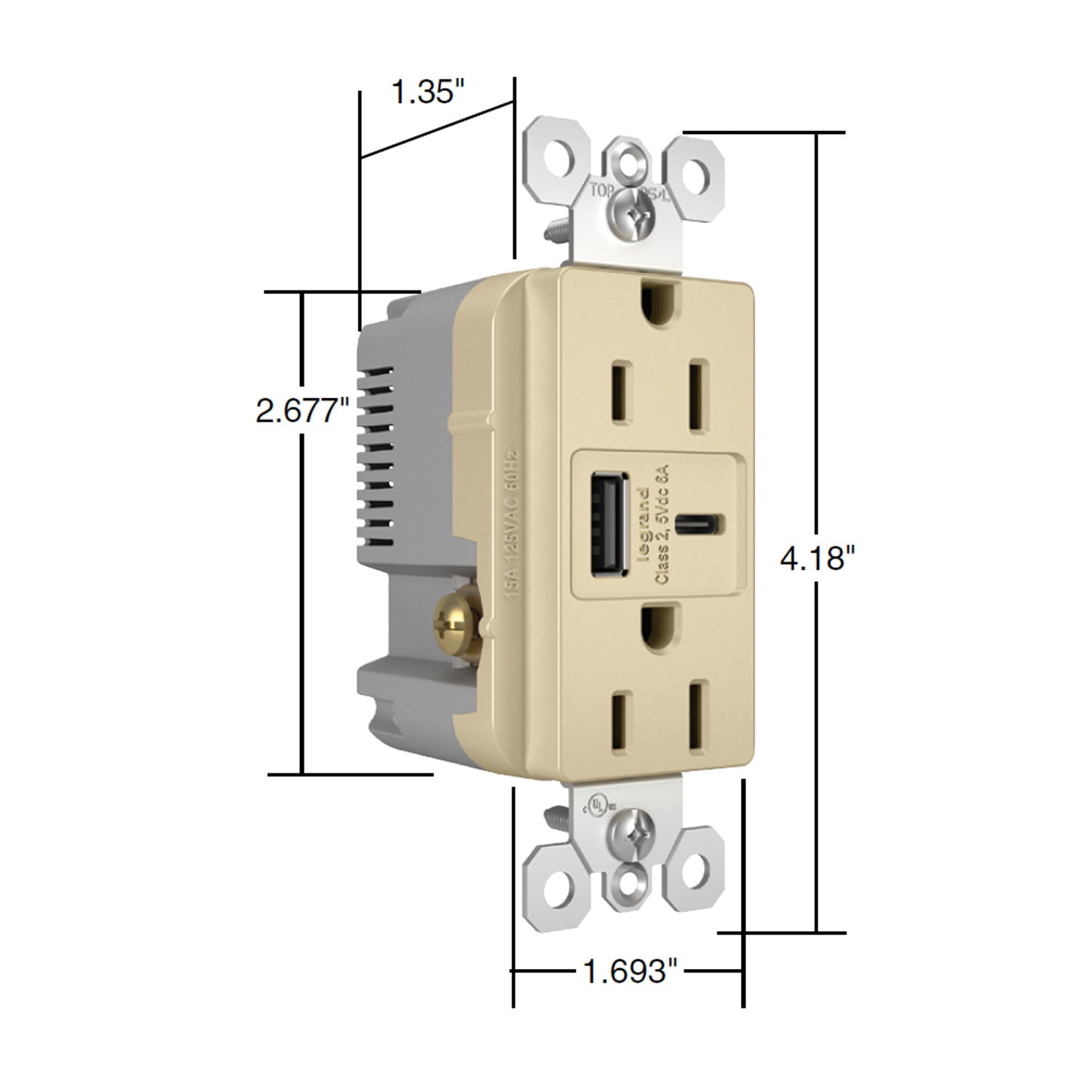 radiant 15A Tamper-Resistant Outlet, Ultra-Fast USB Type A/C, White