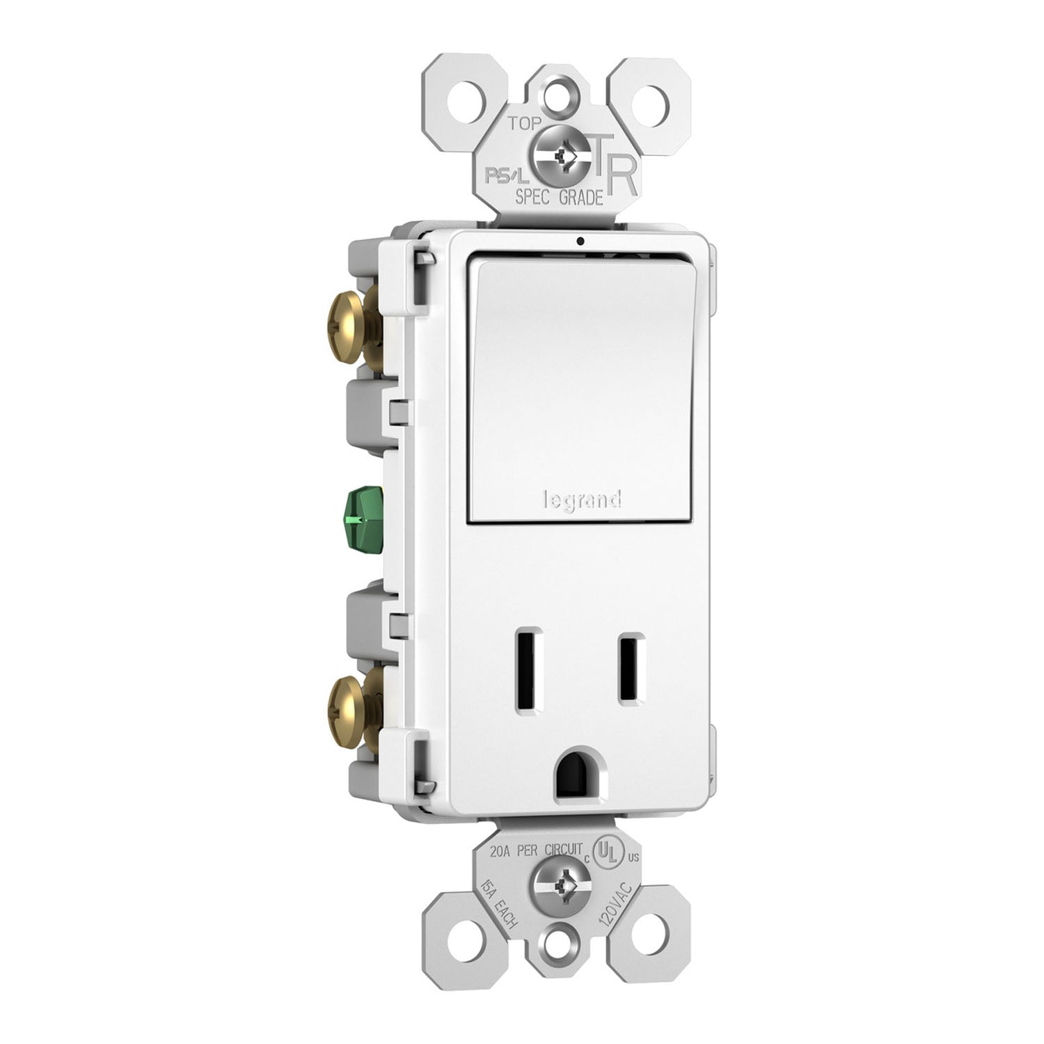 radiant Single Pole/3-Way Switch with 15A Tamper-Resistant Outlet, White