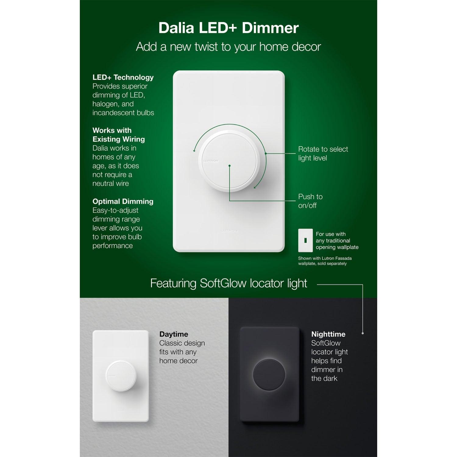 Lutron Dalia LED+ Rotary Dimmer Switch, 150-Watt Single-Pole/3-Way, Light Almond - Bees Lighting