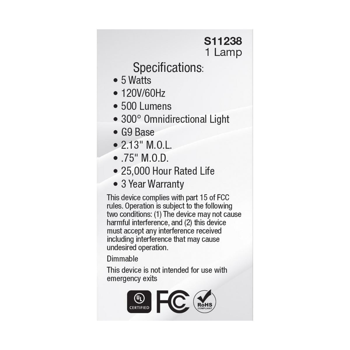 T4 Mini LED Bulb, 5 Watts, 500 Lumens, 2700K, G9 Base, Clear Finish, 120V