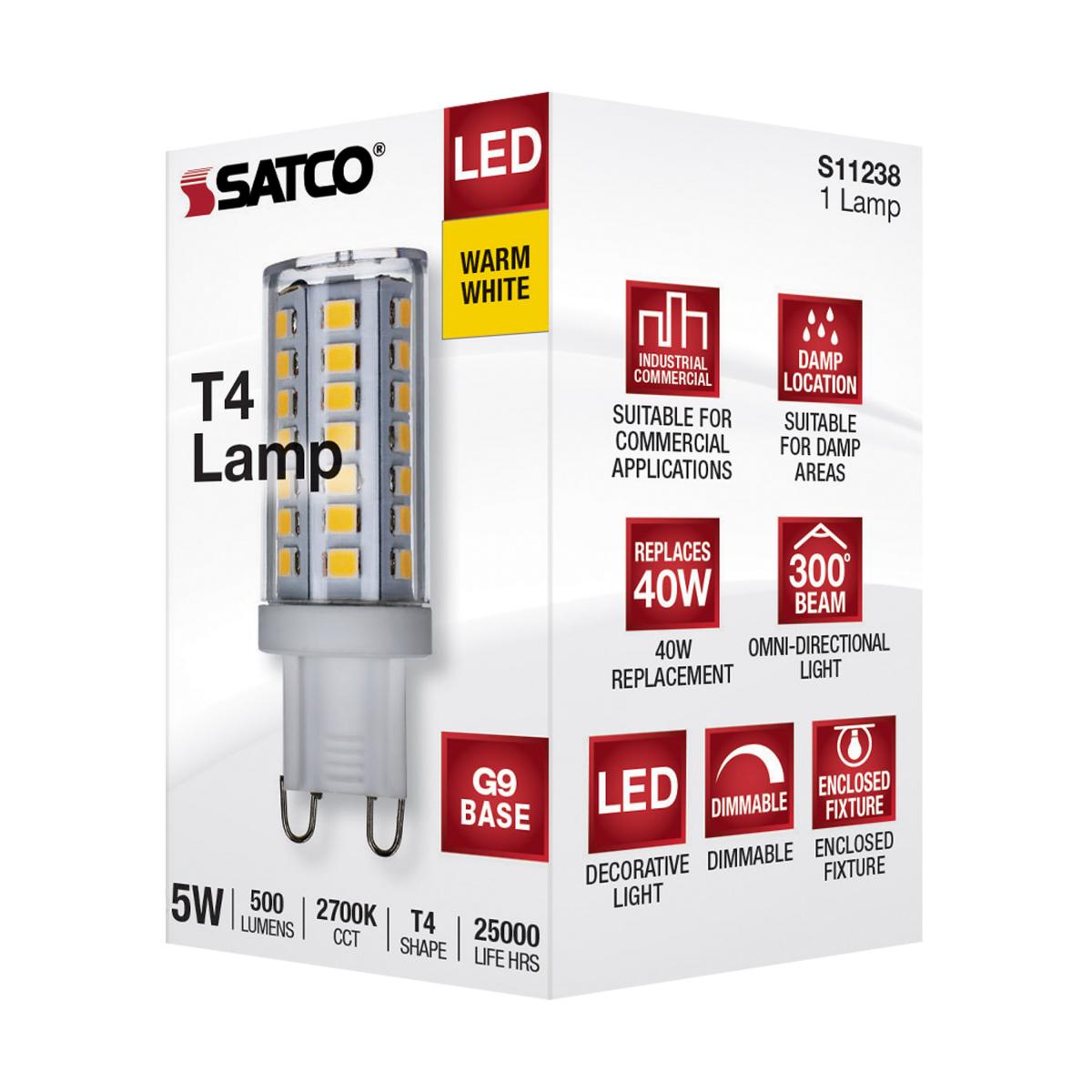 T4 Mini LED Bulb, 5 Watts, 500 Lumens, 2700K, G9 Base, Clear Finish, 120V