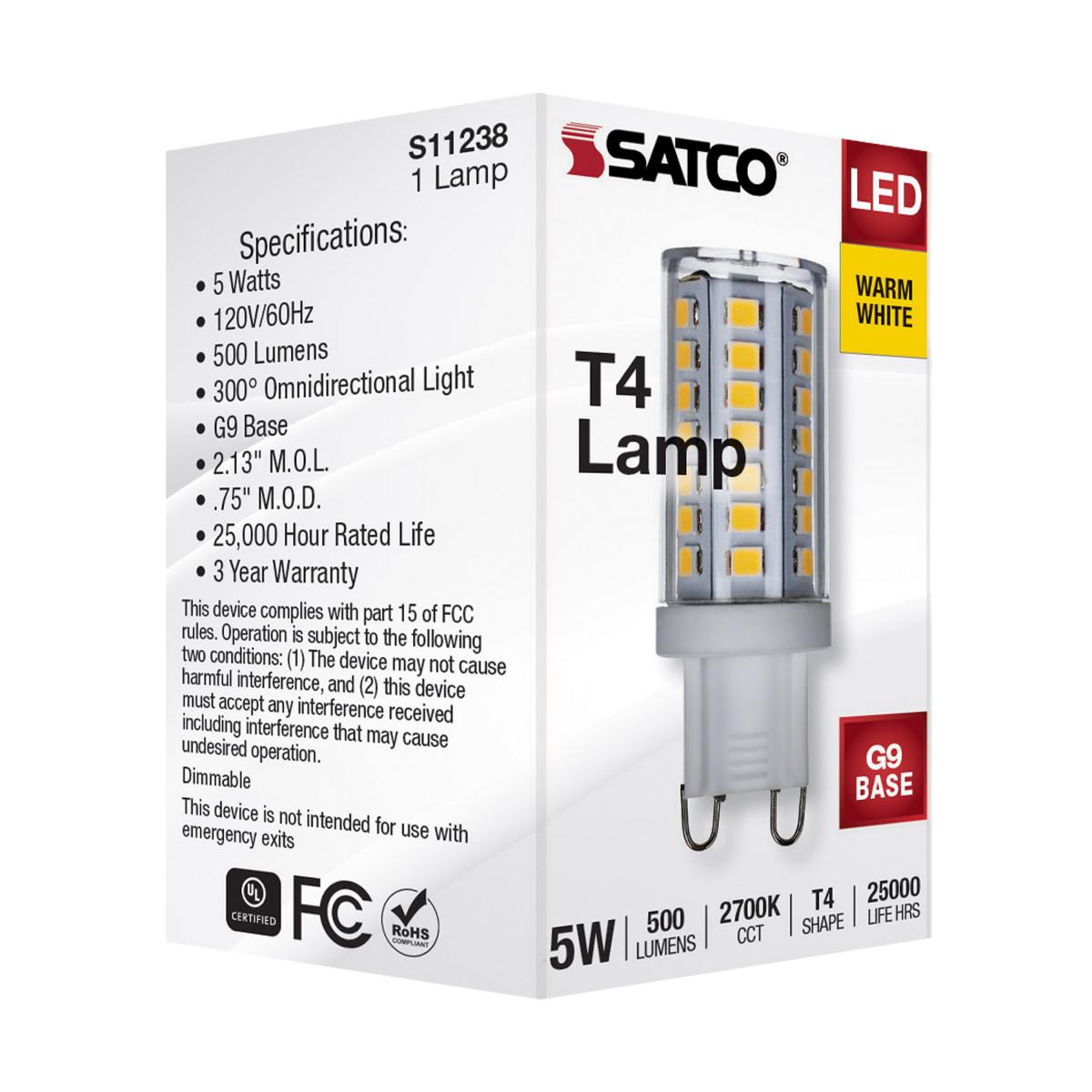 T4 Mini LED Bulb, 5 Watts, 500 Lumens, 2700K, G9 Base, Clear Finish, 120V