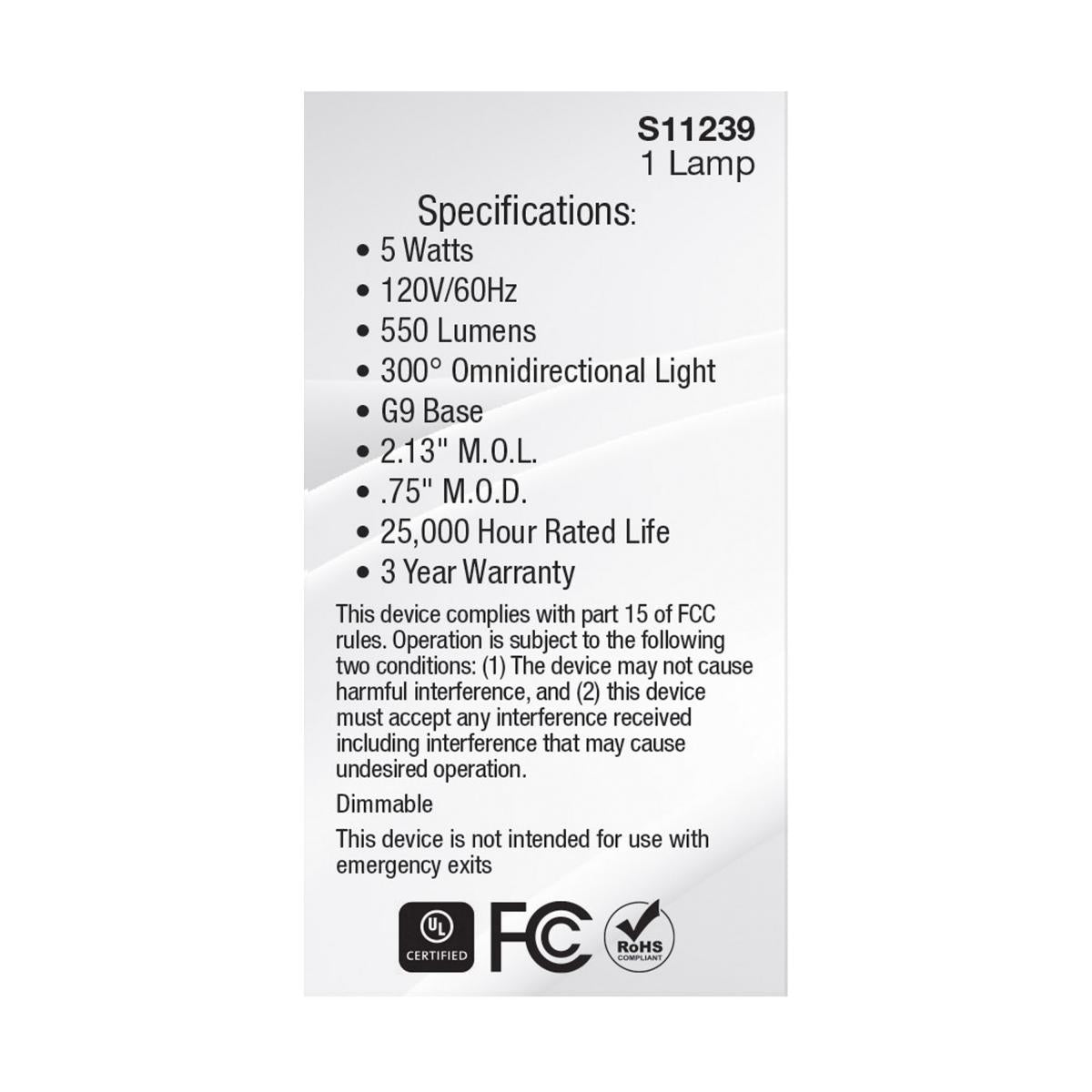 T4 Mini LED Bulb, 5 Watts, 550 Lumens, 5000K, G9 Base, Clear Finish, 120V