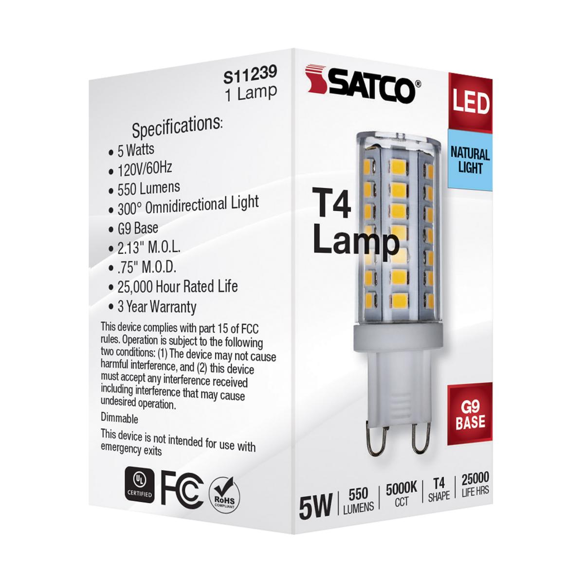 T4 Mini LED Bulb, 5 Watts, 550 Lumens, 5000K, G9 Base, Clear Finish, 120V