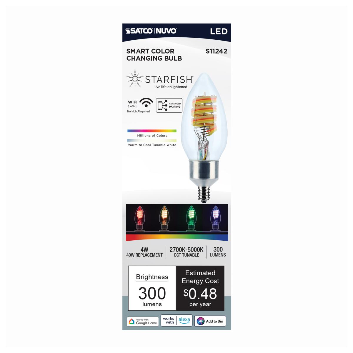 Starfish B11 WiFi Smart LED Bulb, 4W. 300Lm, RGB & Tunable White, Candelabra Base