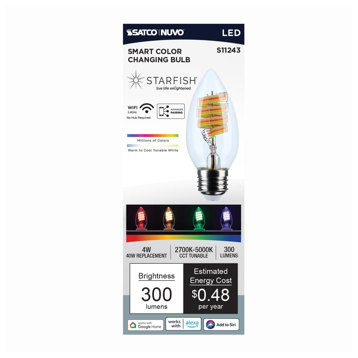 Starfish B11 WiFi Smart LED Bulb, 4W, 300Lm, RGB & Tunable White, Medium Base