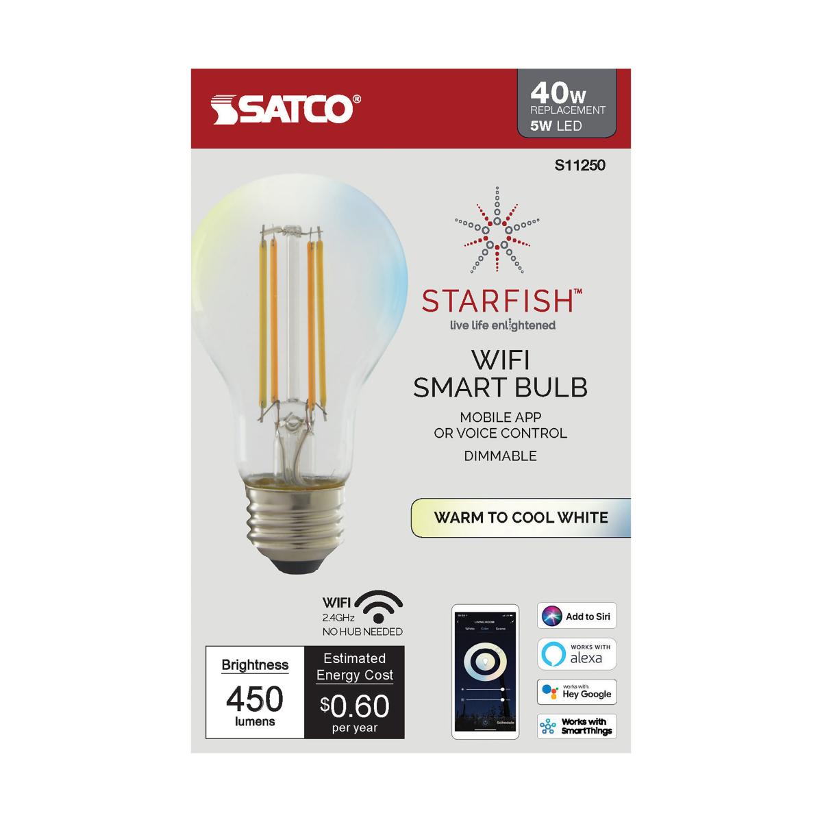 Starfish A19 Wi-Fi Smart LED Filament Bulb, 5W, 450 Lumens, Tunable White, T20 Compliant