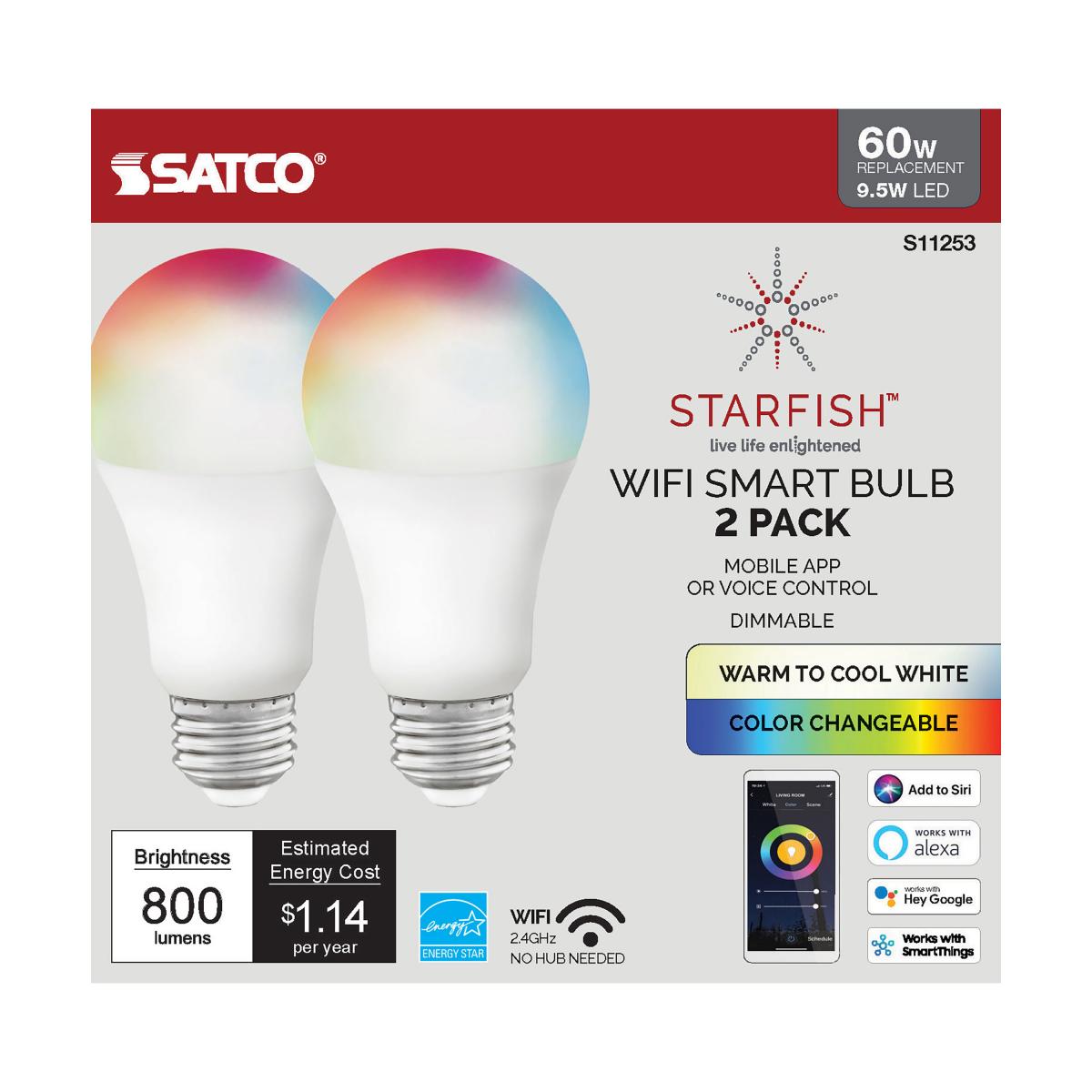 Starfish A19 Wi-Fi Smart LED Bulb, 10W, 800 Lumens, RGBW & Tunable White, 2 Per Box