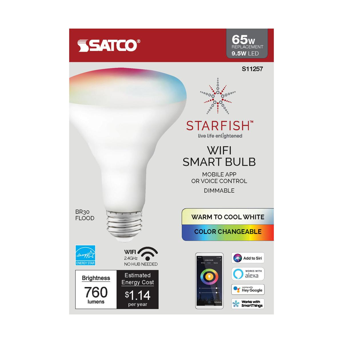 Starfish BR30 Wi-Fi Smart LED Bulb, 10W, 760 Lumens, RGBW & Tunable White, T20 Compliant