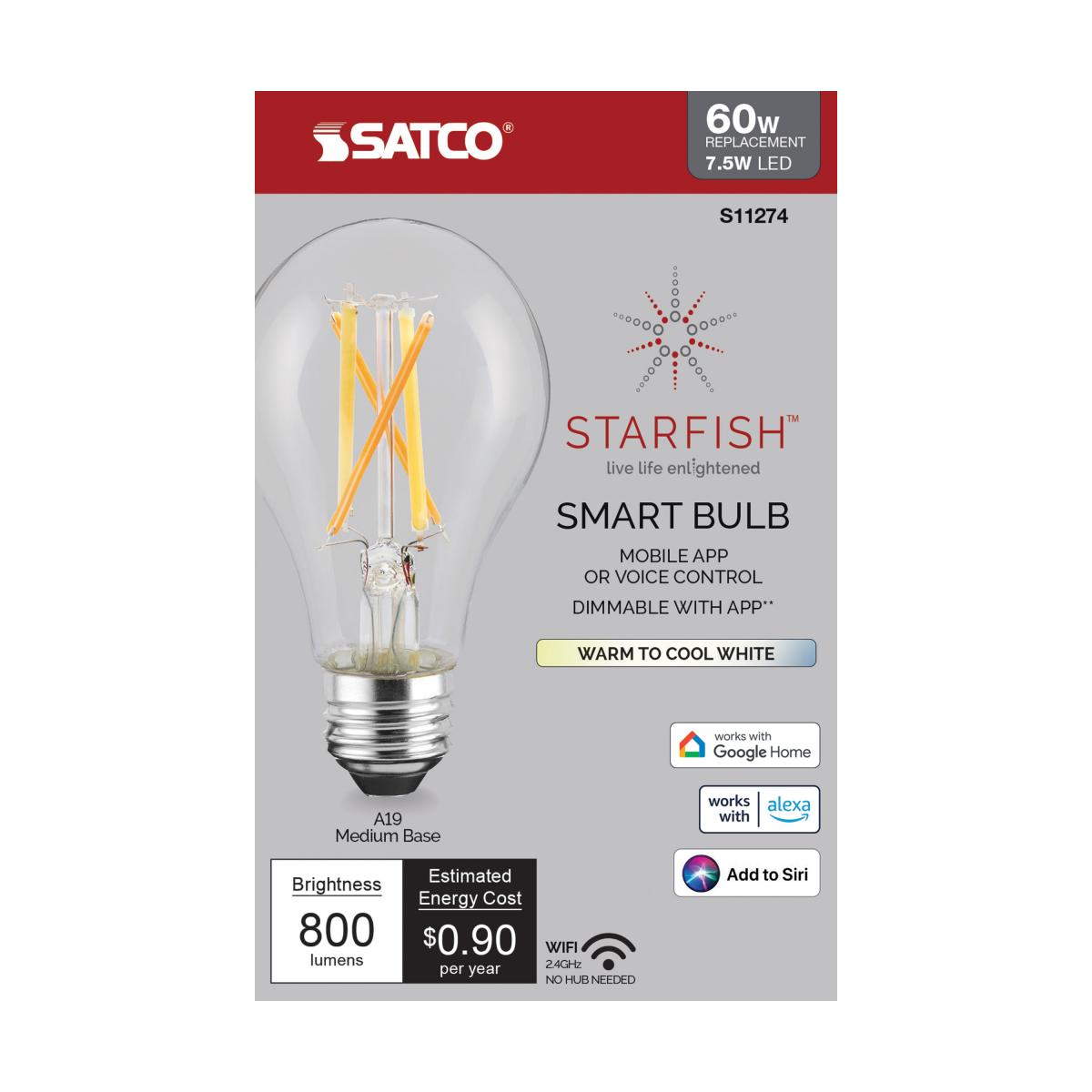 Starfish A19 Wi-Fi Smart LED Filament Bulb, 8W, 800 Lumens, Tunable White, T20 Compliant