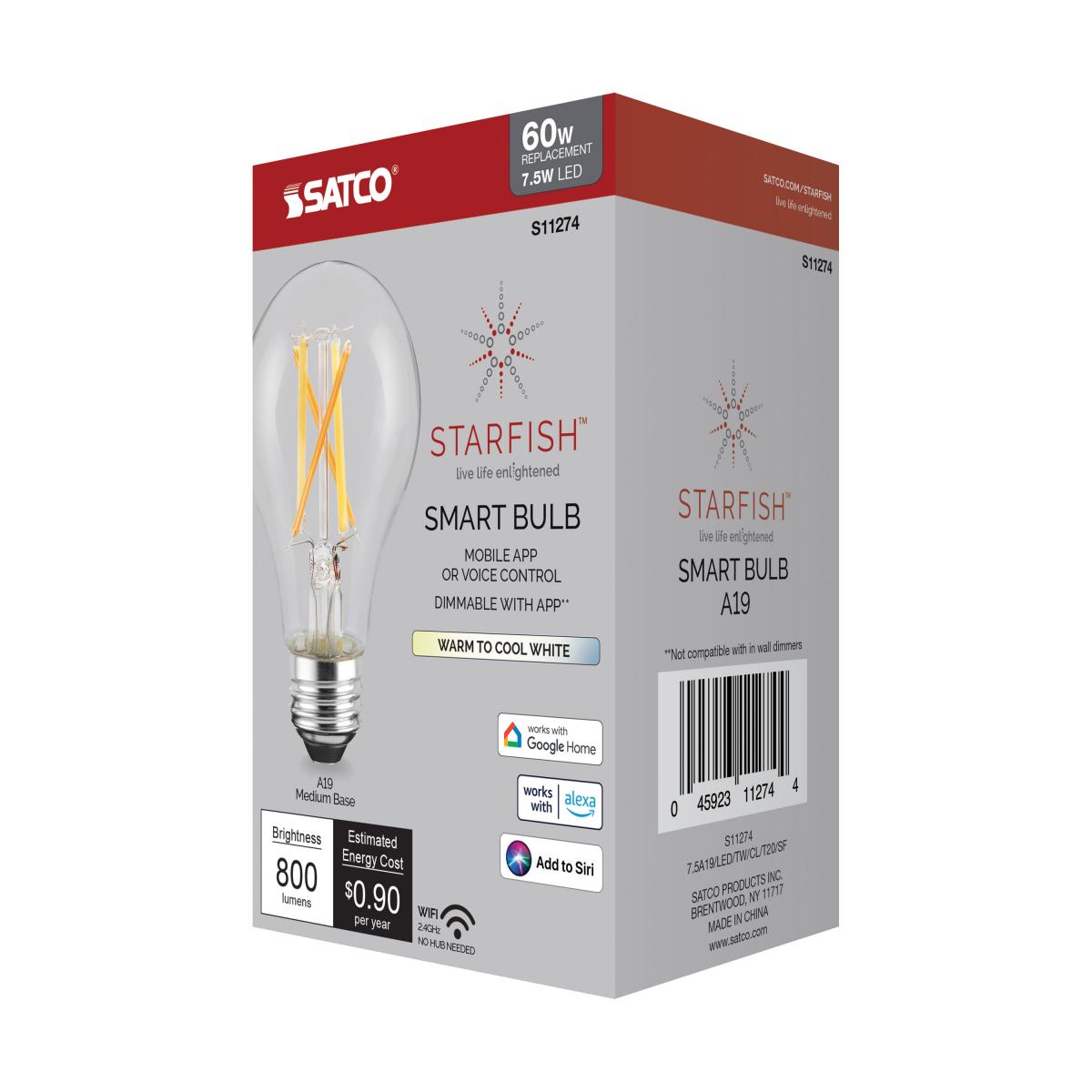 Starfish A19 Wi-Fi Smart LED Filament Bulb, 8W, 800 Lumens, Tunable White, T20 Compliant