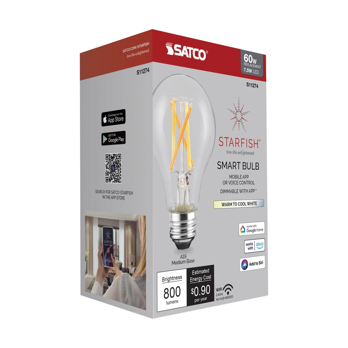 Starfish A19 Wi-Fi Smart LED Filament Bulb, 8W, 800 Lumens, Tunable White, T20 Compliant