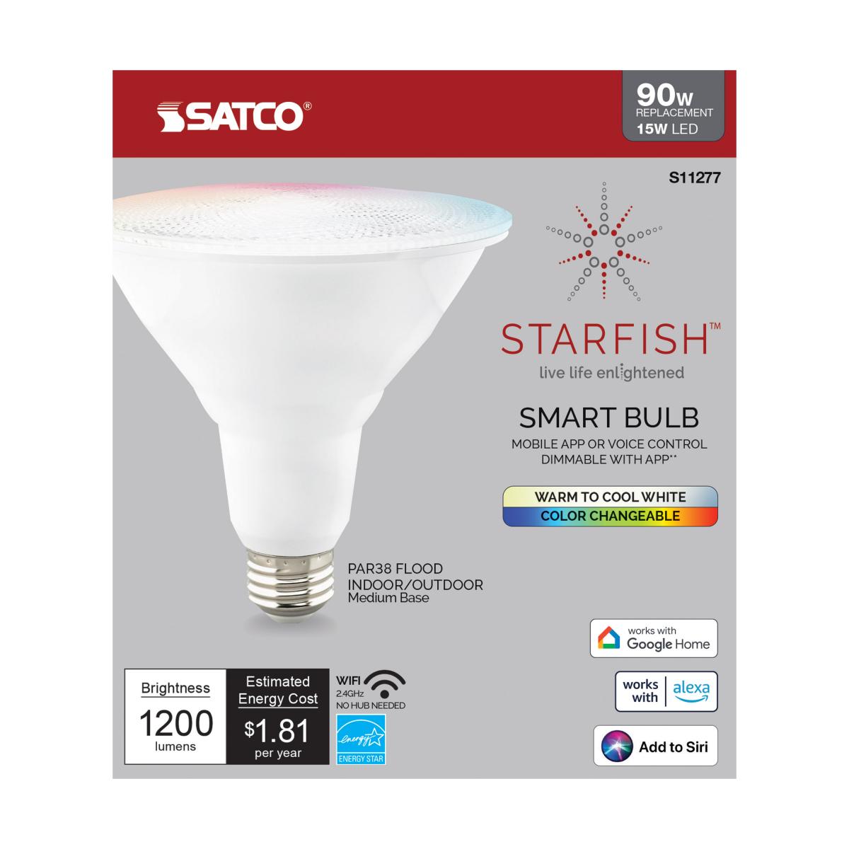 Starfish PAR38 Wi-Fi Smart LED Bulb, 15W, 1200 Lumens, RGBW & Tunable White, 40º Flood, T20 Compliant