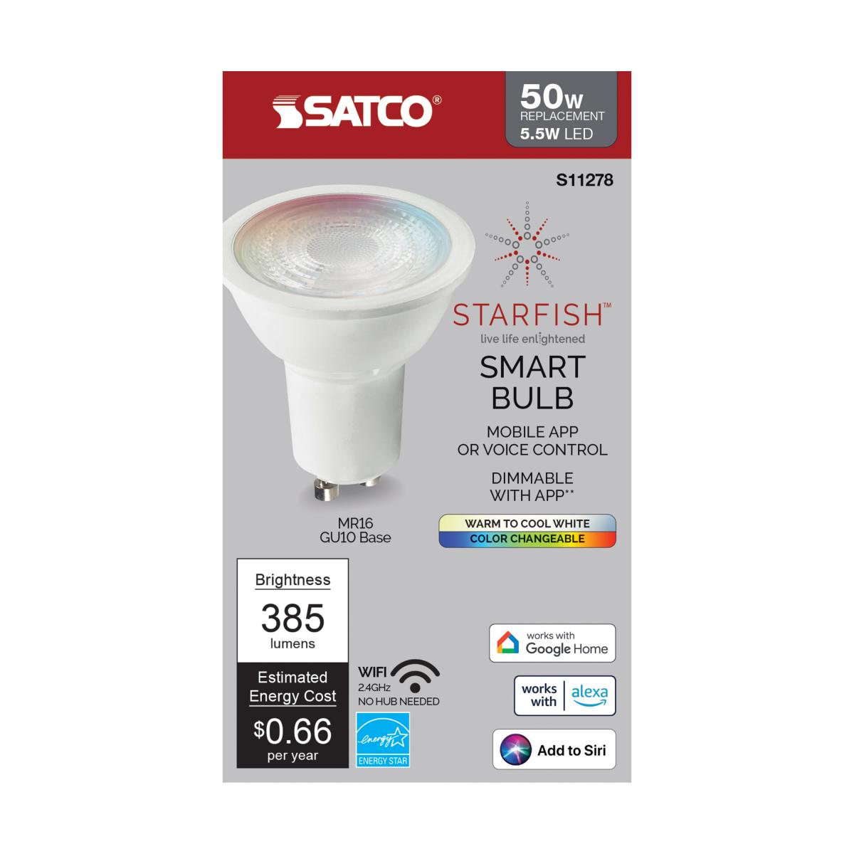 Starfish MR16 Wi-Fi Smart LED Bulb, 6W, 385 Lumens, RGBW & Tunable White, 50° Flood, T20 Compliant