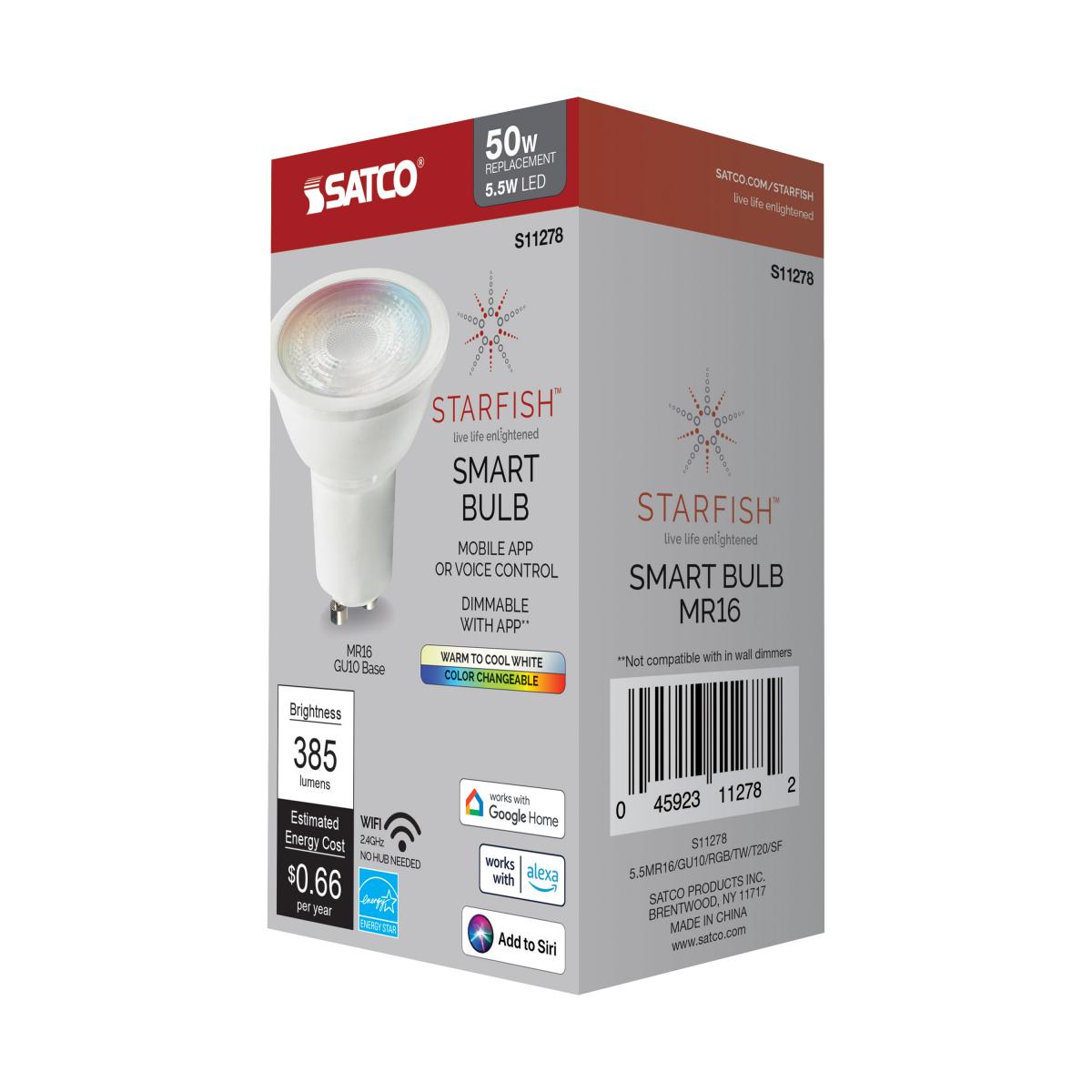 Starfish MR16 Wi-Fi Smart LED Bulb, 6W, 385 Lumens, RGBW & Tunable White, 50º Flood, T20 Compliant