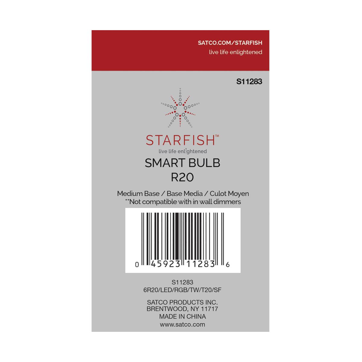 Starfish BR20 Wi-Fi Smart LED Bulb, 6W, 480 Lumens, RGBW & Tunable White, T20 Compliant