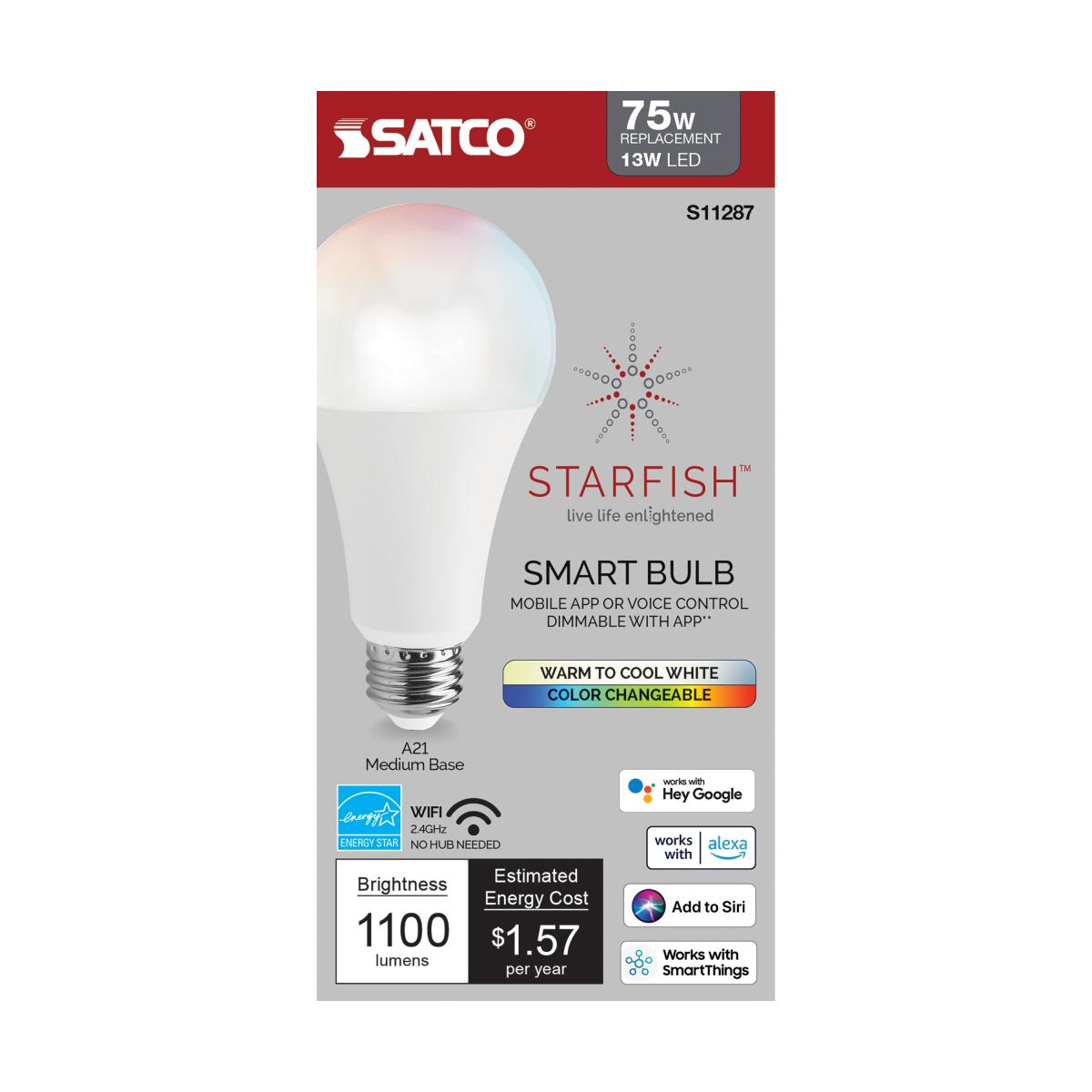 Starfish A21 Wi-Fi Smart LED Bulb, 13W, 1100 Lumens, RGB & Tunable White, Frosted, T20 Compliant