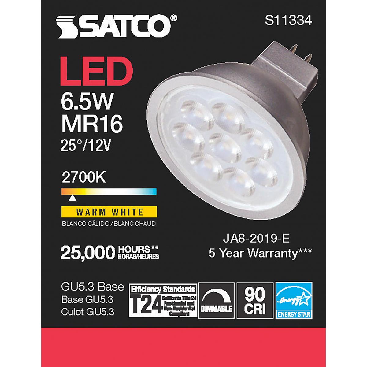 MR16 LED Bulb, 7 Watts, 450 Lumens, 2700K, 50W Equal, GU5.3 Base, 25° Spot, 12V