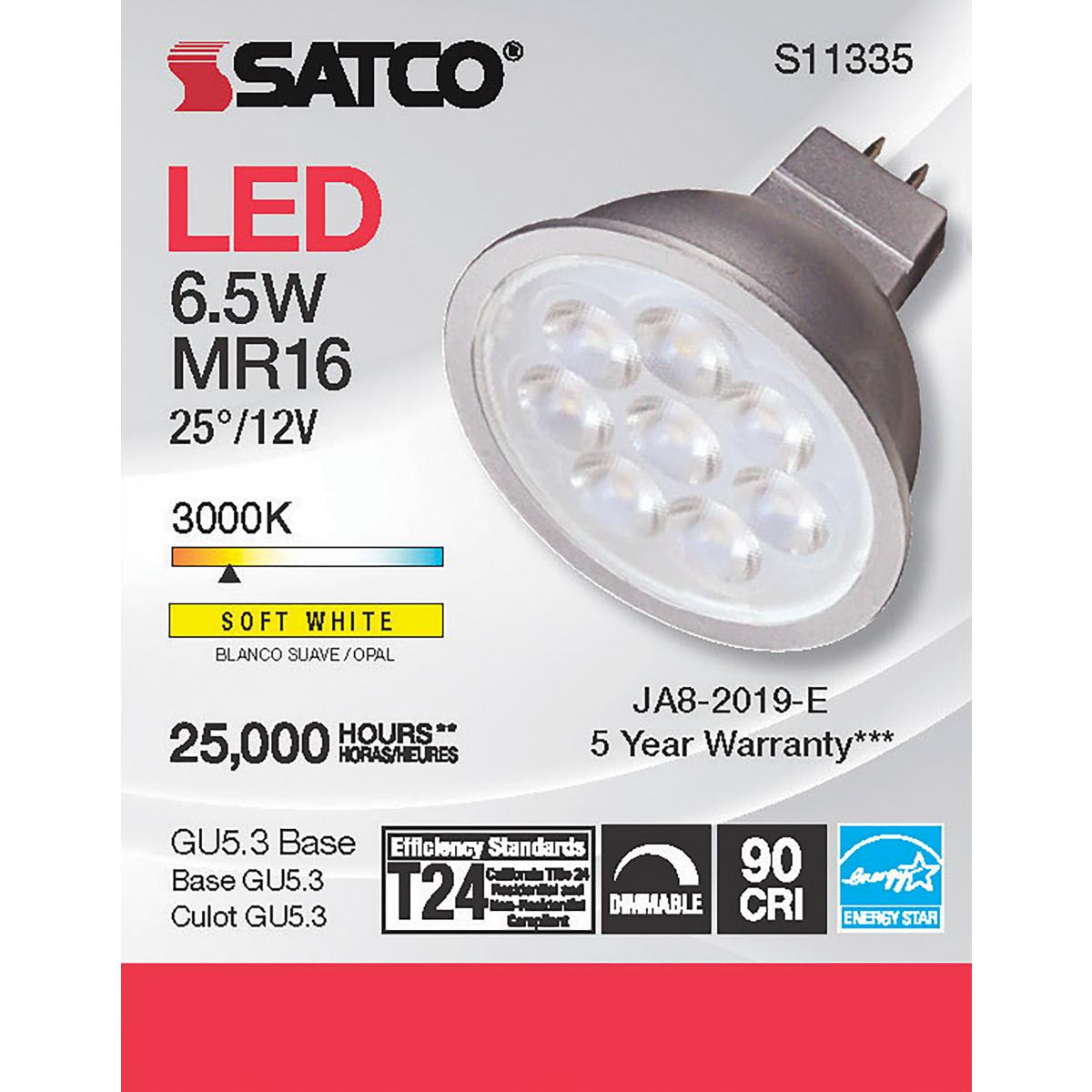 MR16 LED Bulb, 7 Watts, 450 Lumens, 3000K, 50W Equal, GU5.3 Base, 25° Spot, 12V