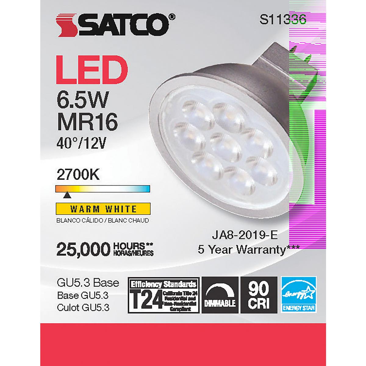 MR16 LED Bulb, 7 Watts, 450 Lumens, 2700K, 50W Equal, GU5.3 Base, 40º Flood, 12V