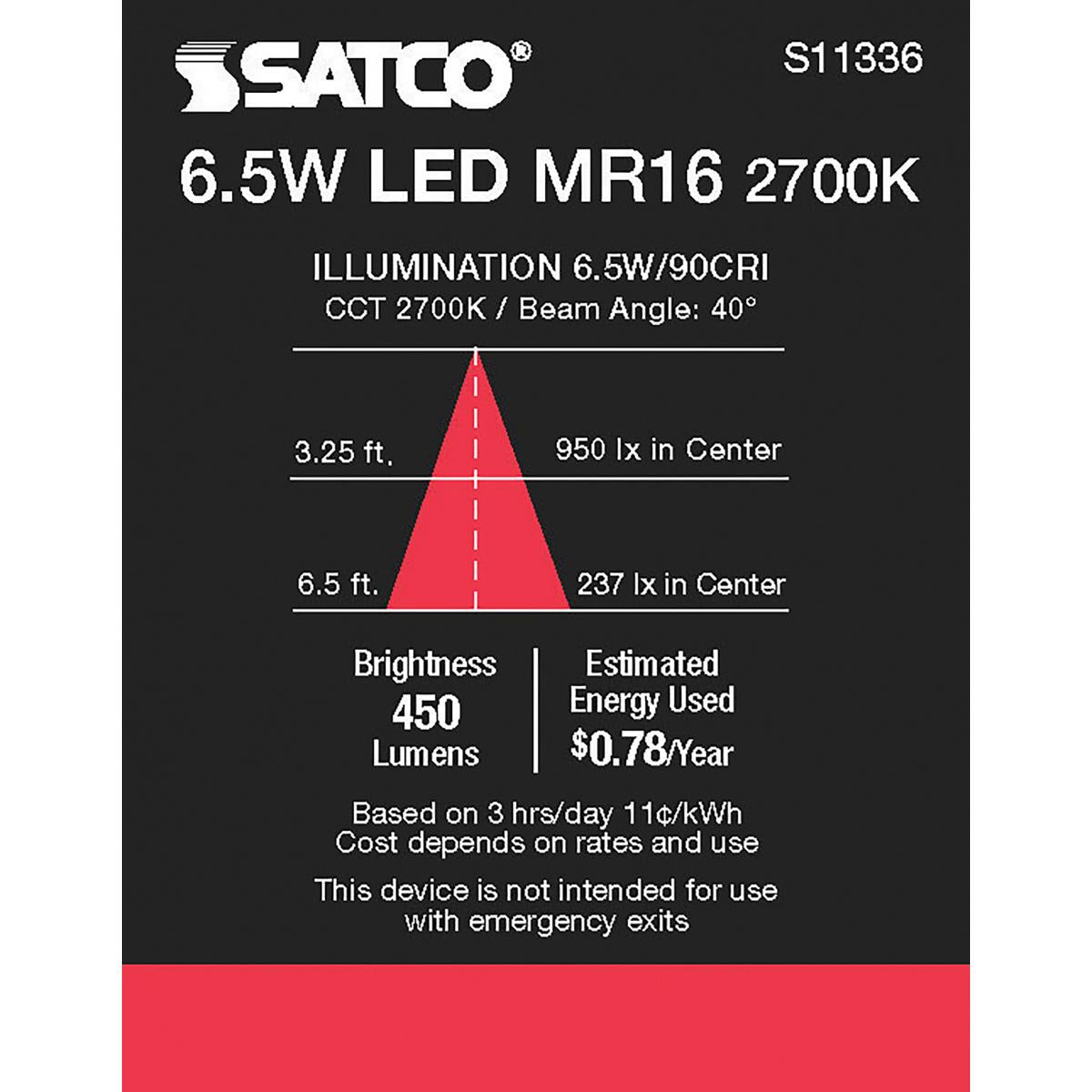 MR16 LED Bulb, 7 Watts, 450 Lumens, 2700K, 50W Equal, GU5.3 Base, 40° Flood, 12V