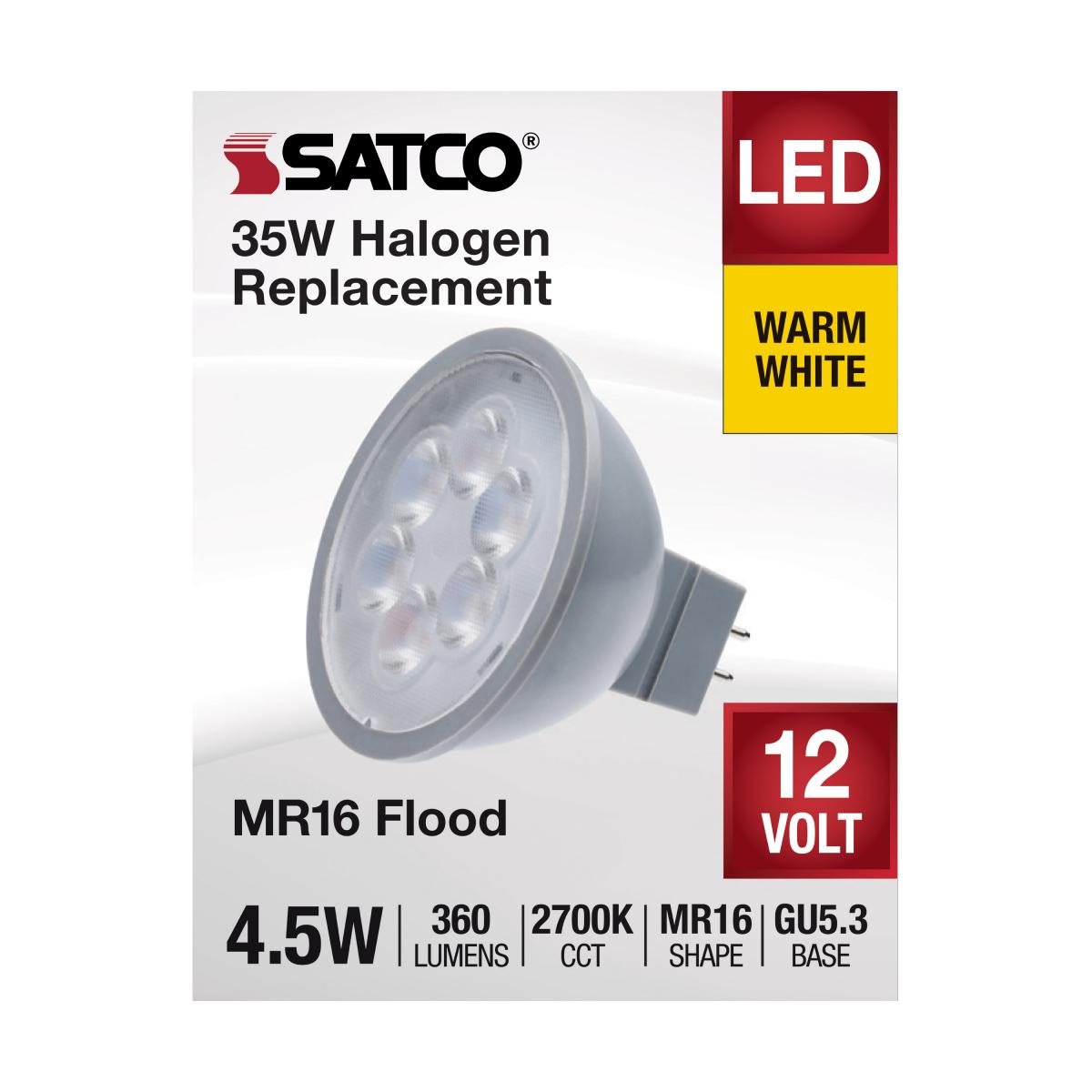 MR16 LED Bulb, 5 Watts, 360 Lumens, 2700K, 35W Equal, GU5.3 Base, 40° Flood, 12V