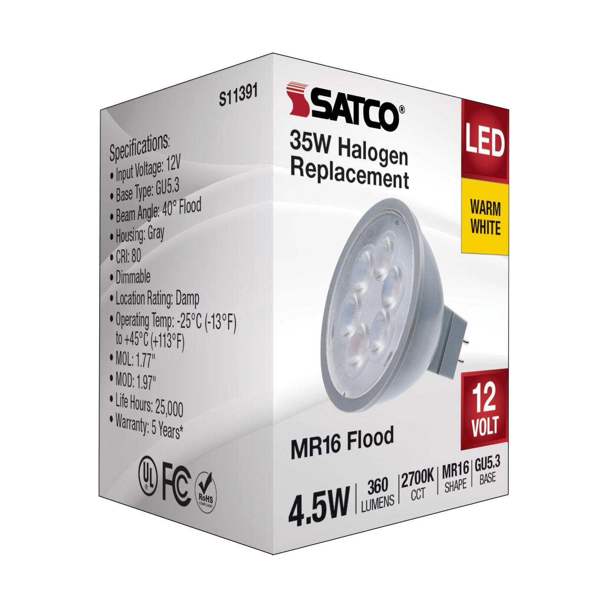 MR16 LED Bulb, 5 Watts, 360 Lumens, 2700K, 35W Equal, GU5.3 Base, 40° Flood, 12V