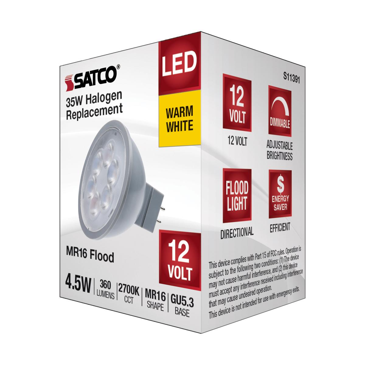 MR16 LED Bulb, 5 Watts, 360 Lumens, 2700K, 35W Equal, GU5.3 Base, 40° Flood, 12V