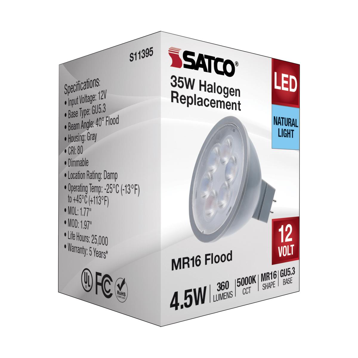 MR16 LED Bulb, 5 Watts, 360 Lumens, 5000K, 35W Equal, GU5.3 Base, 40° Flood, 12V