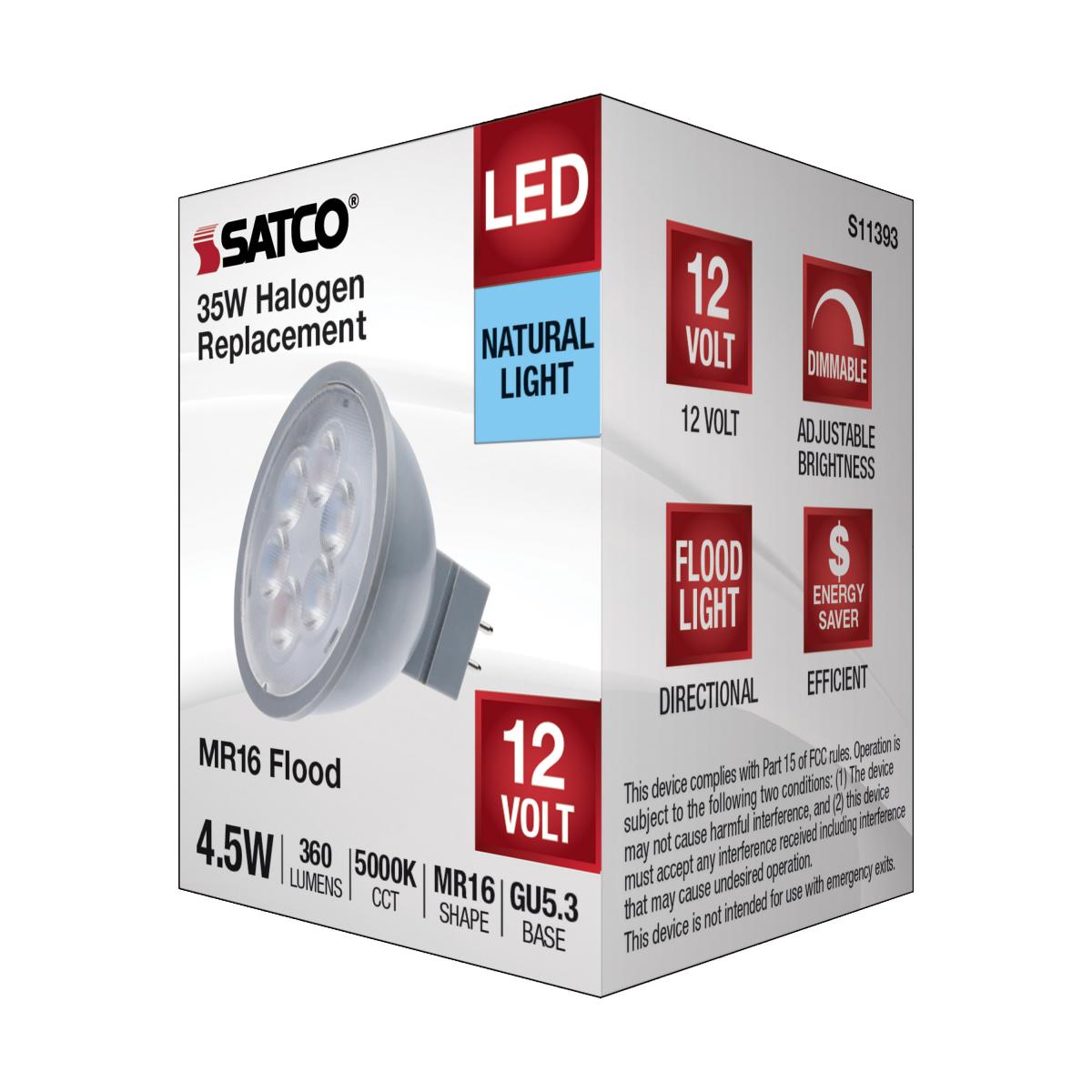 MR16 LED Bulb, 5 Watts, 360 Lumens, 5000K, 35W Equal, GU5.3 Base, 40° Flood, 12V