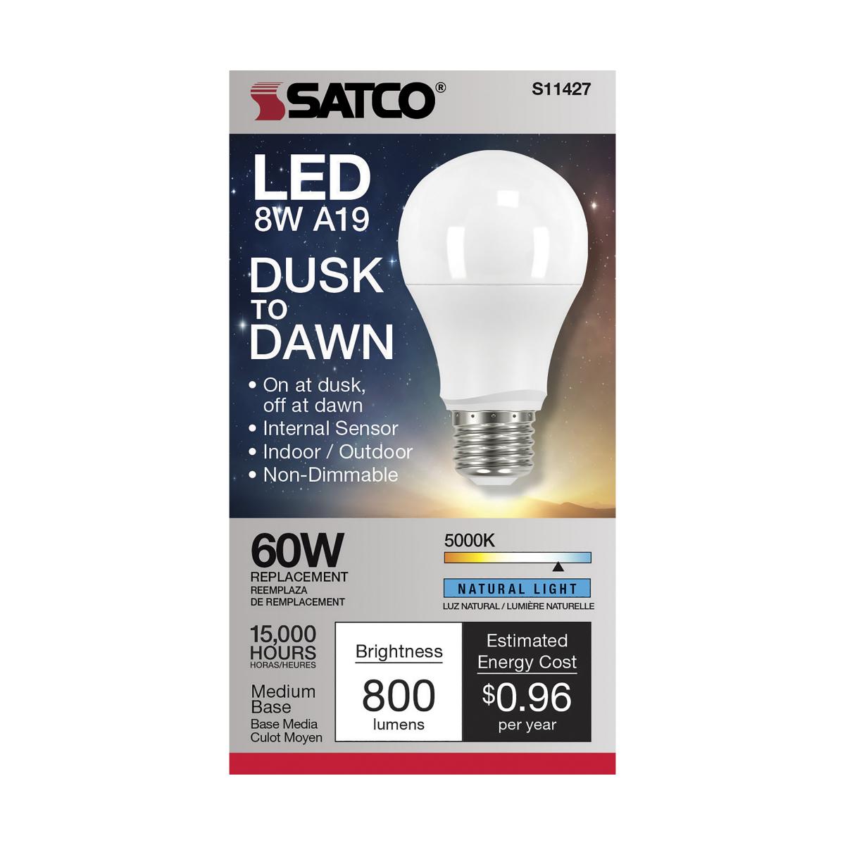 Dusk to Dawn A19 LED Bulb, 9W, 800lm, 5000K, E26 Medium Base, Frosted Finish, With Photocell