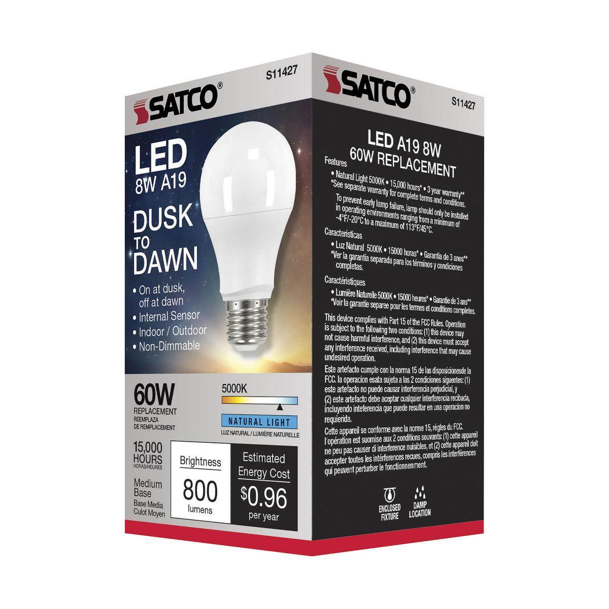 Dusk to Dawn A19 LED Bulb, 9W, 800lm, 5000K, E26 Medium Base, Frosted Finish, With Photocell