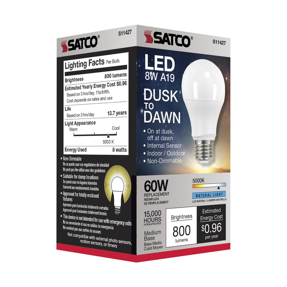 Dusk to Dawn A19 LED Bulb, 9W, 800lm, 5000K, E26 Medium Base, Frosted Finish, With Photocell