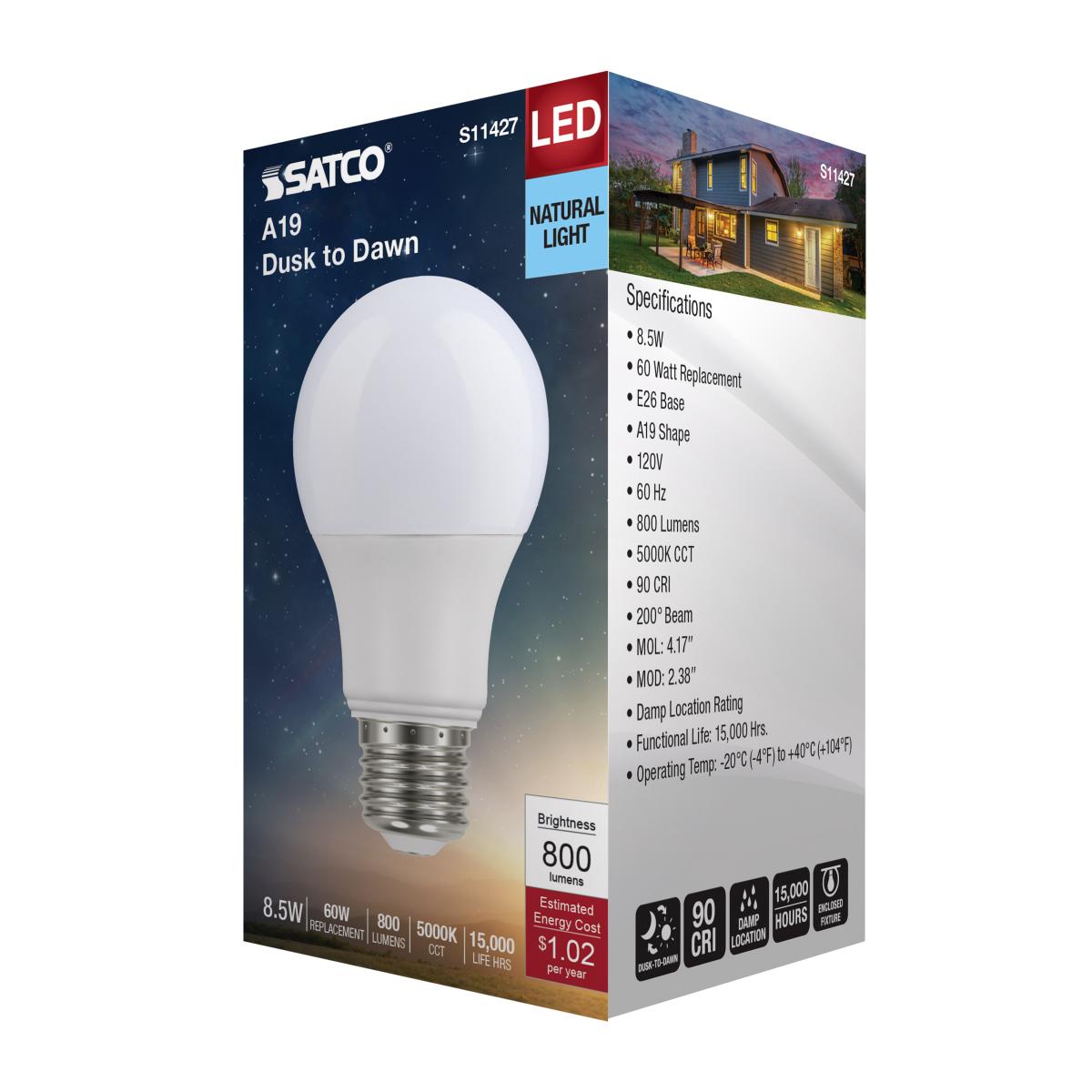 Dusk to Dawn A19 LED Bulb, 9W, 800lm, 5000K, E26 Medium Base, Frosted Finish, With Photocell