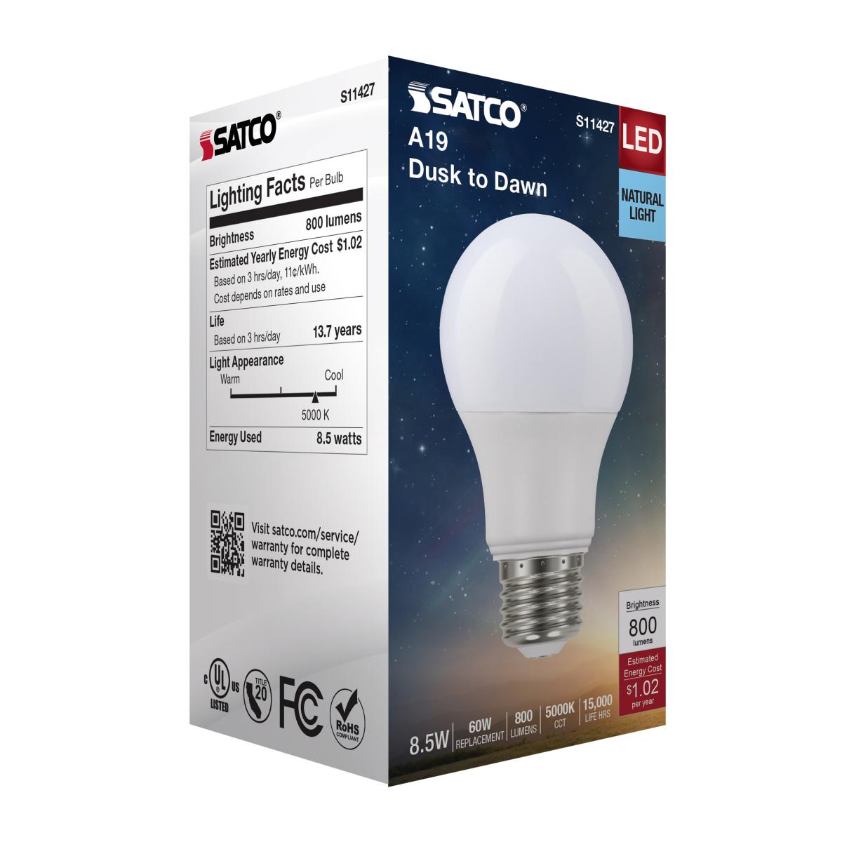 Dusk to Dawn A19 LED Bulb, 9W, 800lm, 5000K, E26 Medium Base, Frosted Finish, With Photocell