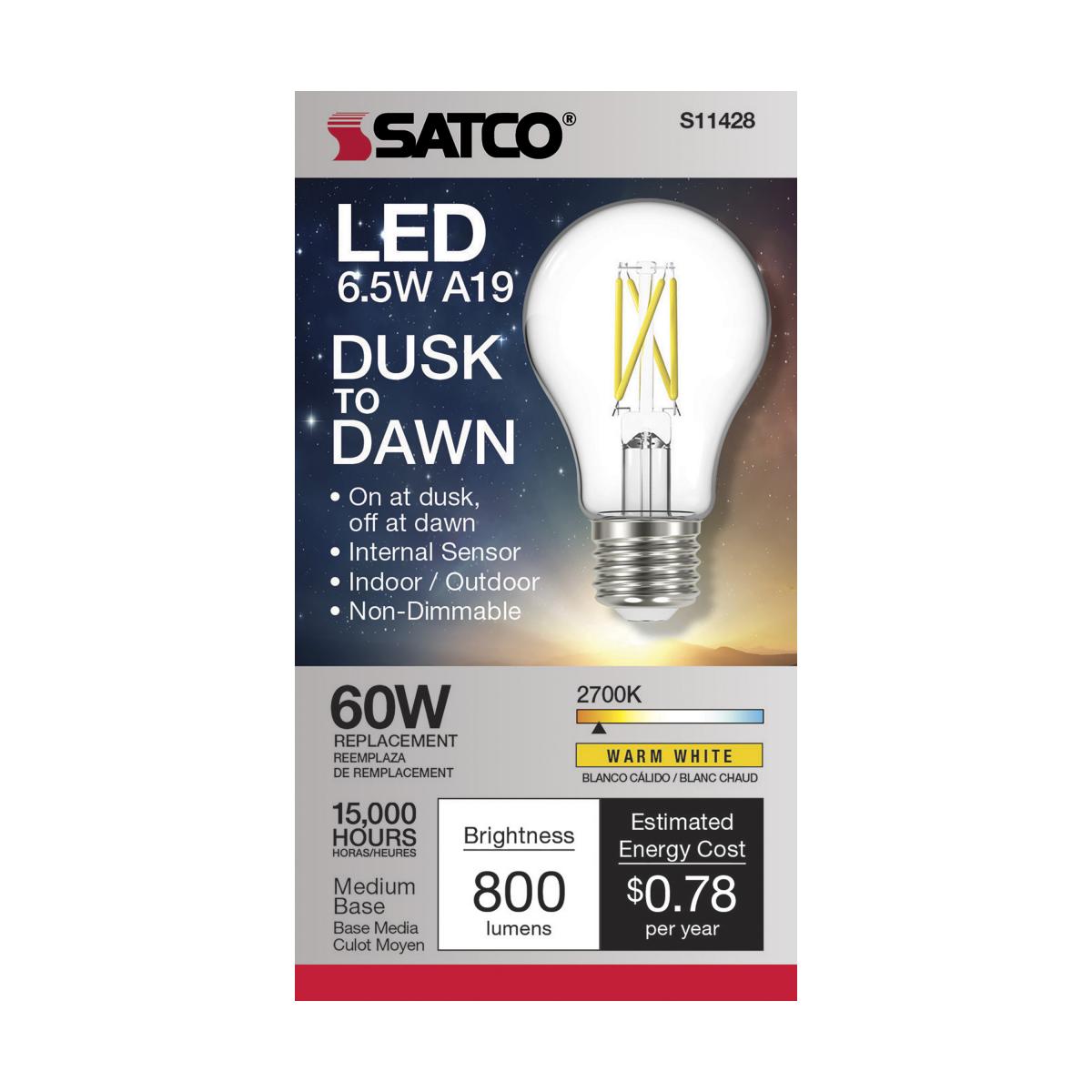 Dusk to Dawn A19 LED Filament Bulb, 7W, 800lm, 2700K, E26 Medium Base, Clear Finish, With Photocell