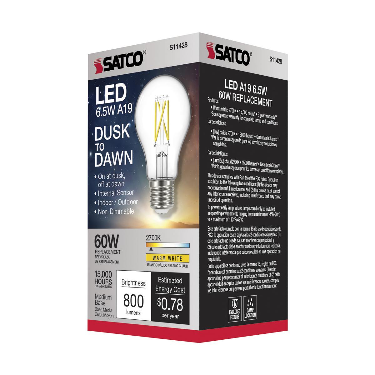 Dusk to Dawn A19 LED Filament Bulb, 7W, 800lm, 2700K, E26 Medium Base, Clear Finish, With Photocell