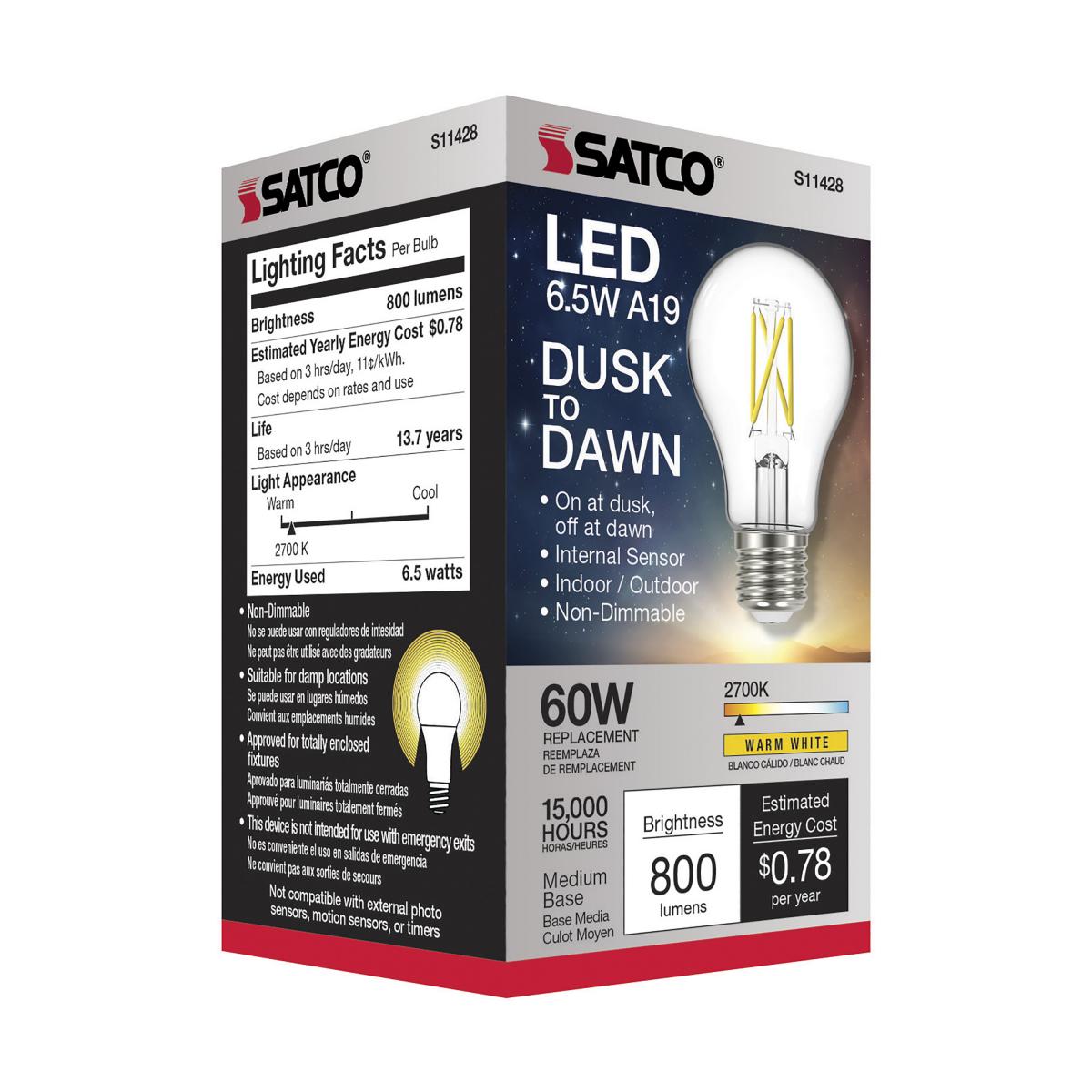 Dusk to Dawn A19 LED Filament Bulb, 7W, 800lm, 2700K, E26 Medium Base, Clear Finish, With Photocell