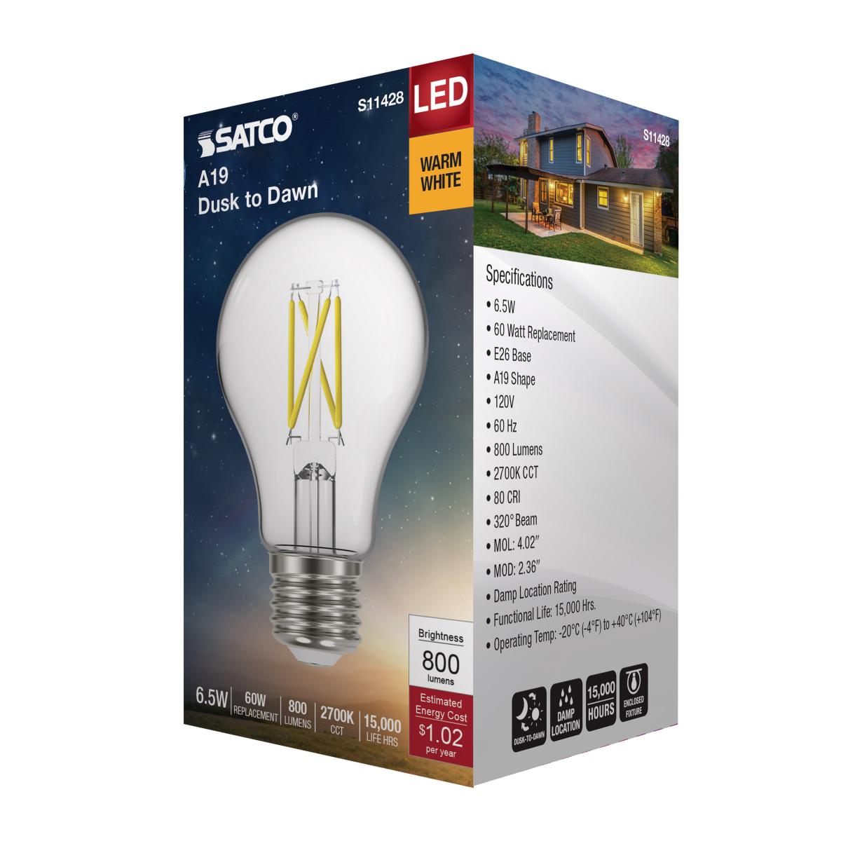 Dusk to Dawn A19 LED Filament Bulb, 7W, 800lm, 2700K, E26 Medium Base, Clear Finish, With Photocell