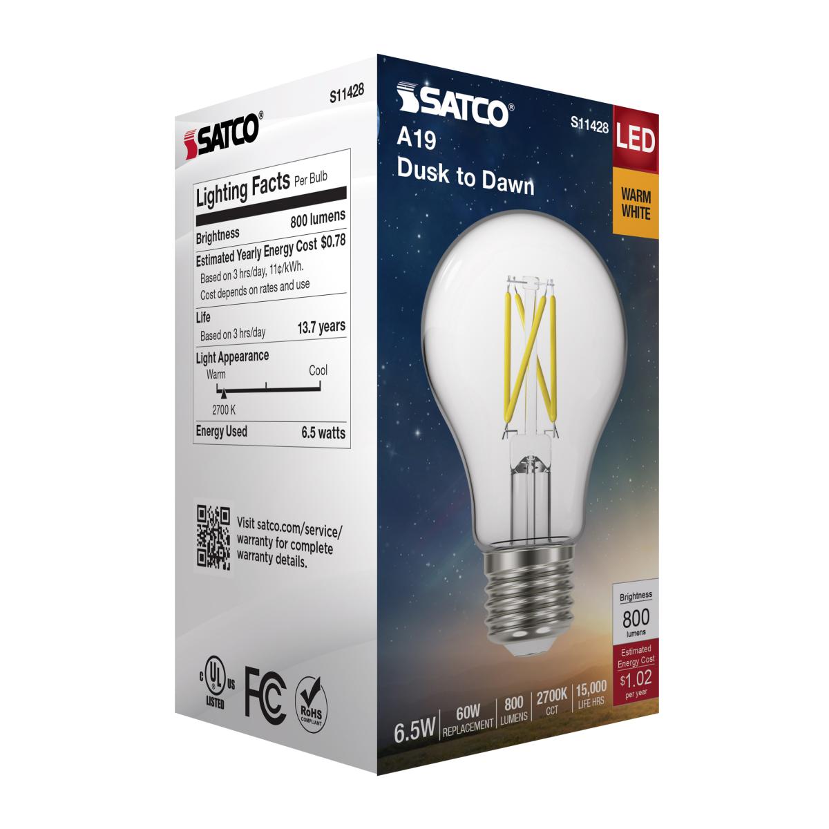 Dusk to Dawn A19 LED Filament Bulb, 7W, 800lm, 2700K, E26 Medium Base, Clear Finish, With Photocell