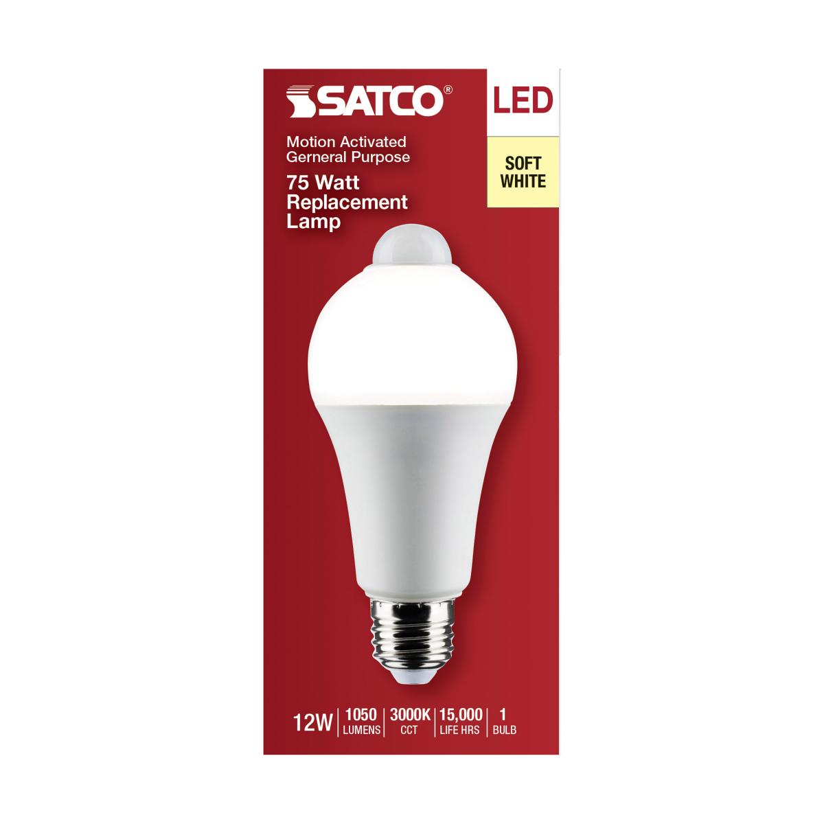 A19 LED Bulb with PIR Sensor, 12 Watts, 1050 Lumens, 3000K, E26 Medium Base, Frosted Finish