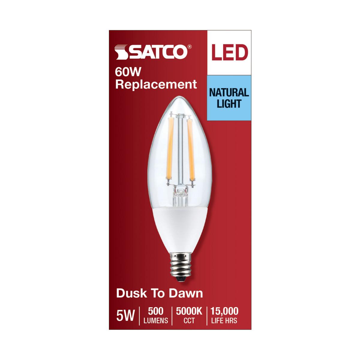 Dusk To Dawn B11 Candle Filament LED Bulb, 5W, 500lm, 5000K, E12 Candelabra Base, With Photocell