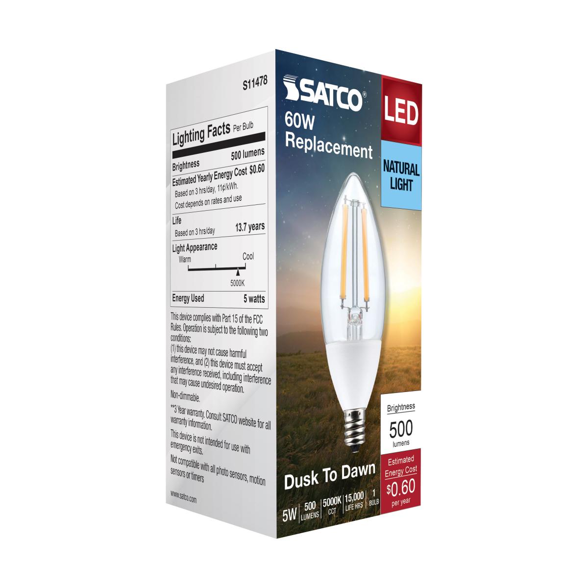 Dusk To Dawn B11 Candle Filament LED Bulb, 5W, 500lm, 5000K, E12 Candelabra Base, With Photocell