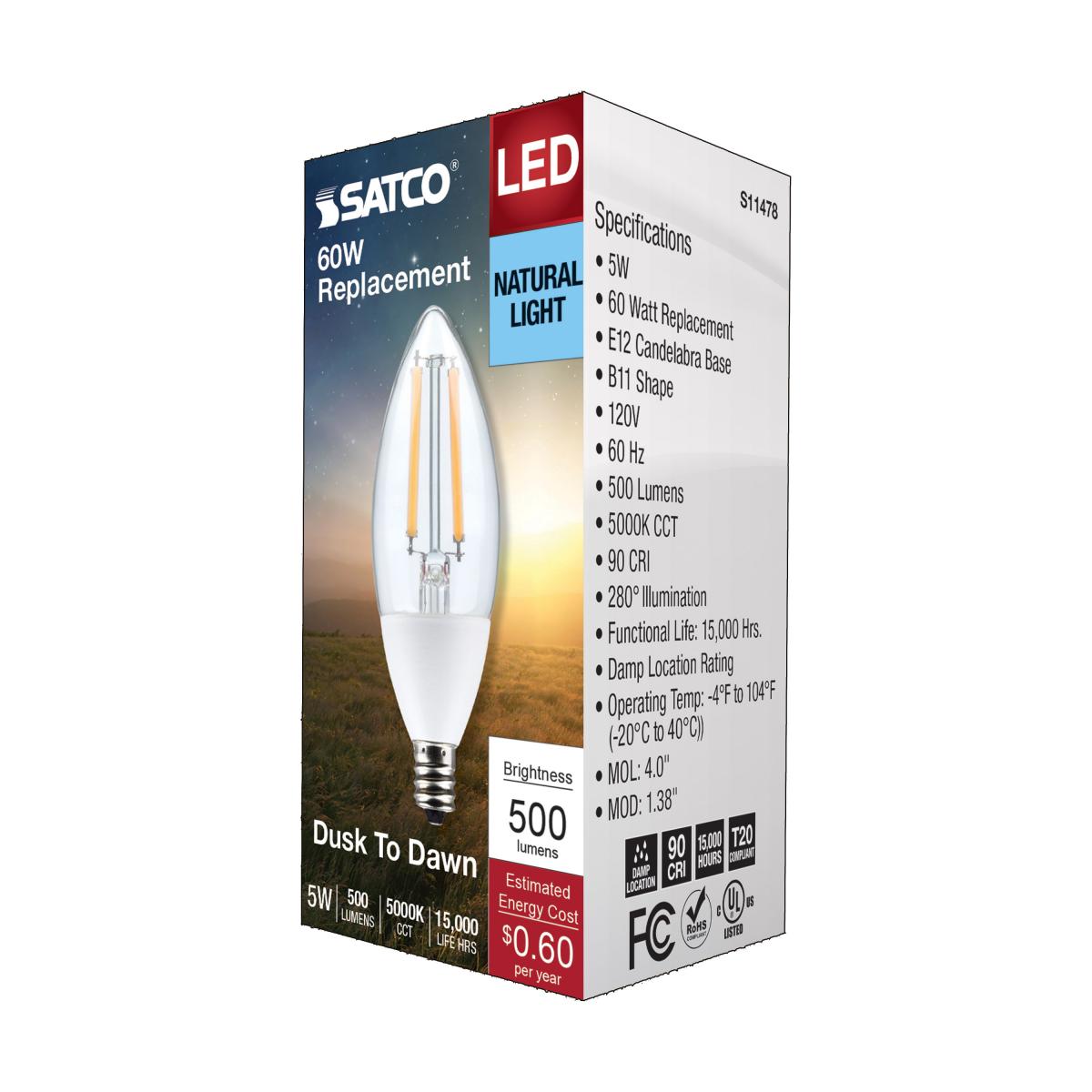 Dusk To Dawn B11 Candle Filament LED Bulb, 5W, 500lm, 5000K, E12 Candelabra Base, With Photocell