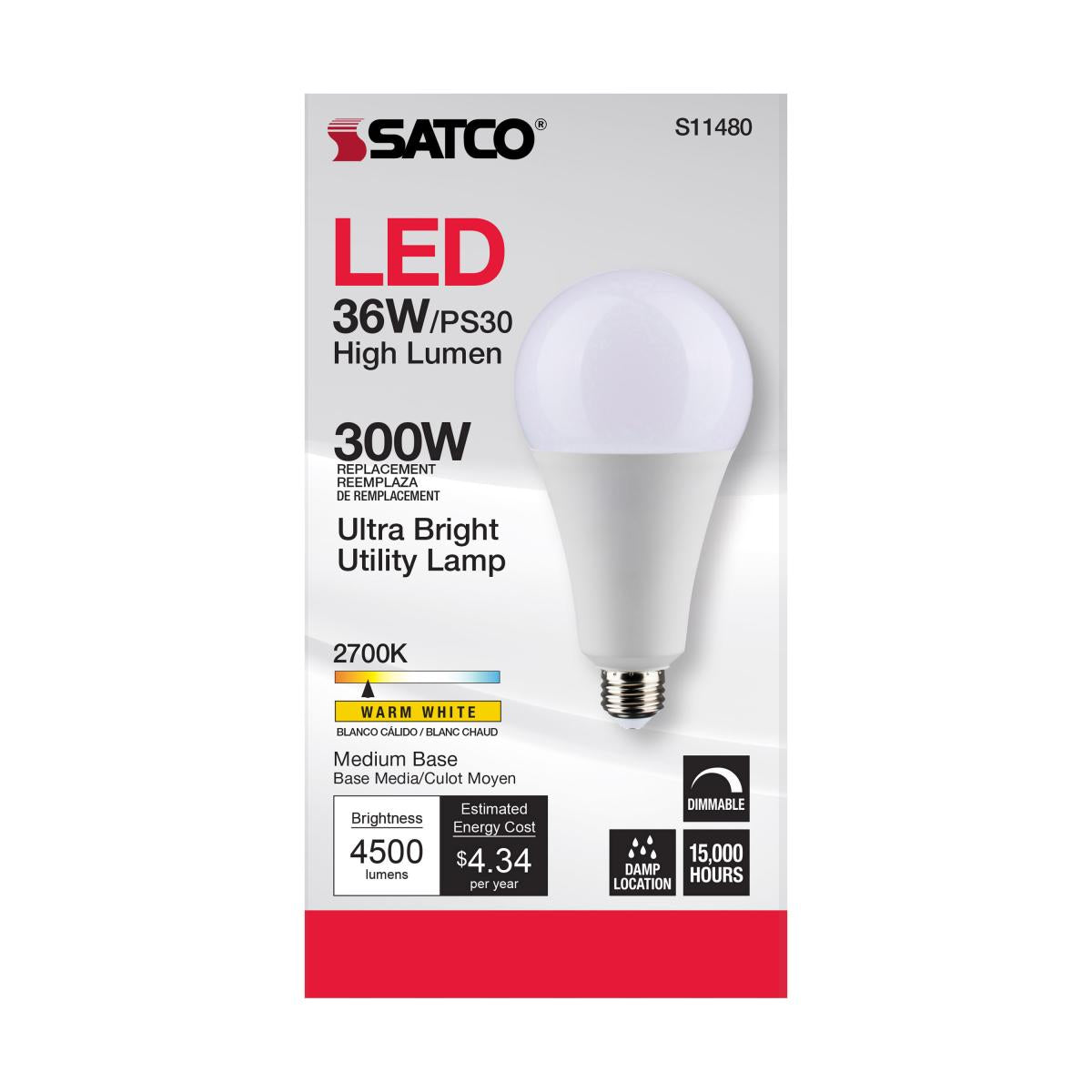 Utility Lamp PS30 LED Bulb, 36 Watts, 4500 Lumens, 2700K, E26 Medium Base, 300W Equal, 120V