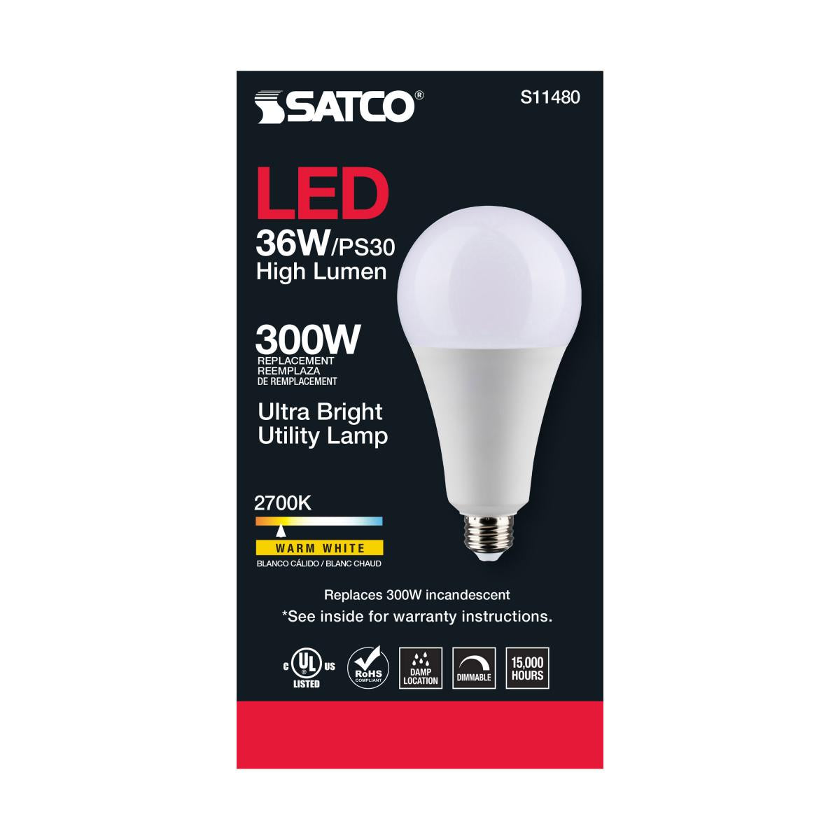 Utility Lamp PS30 LED Bulb, 36 Watts, 4500 Lumens, 2700K, E26 Medium Base, 300W Equal, 120V