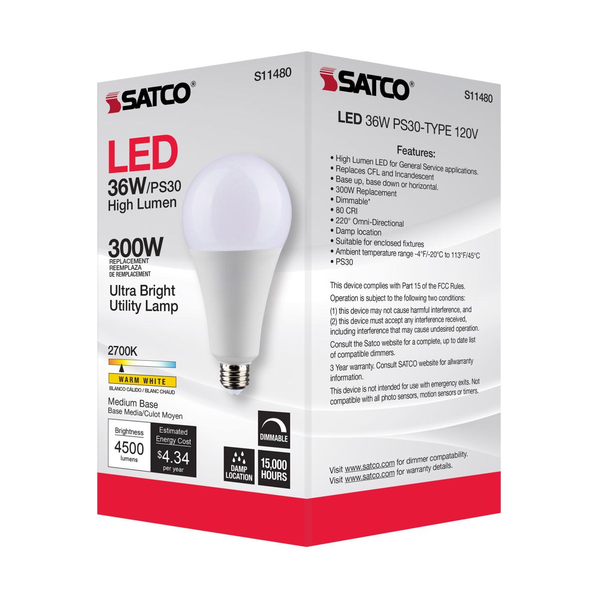 Utility Lamp PS30 LED Bulb, 36 Watts, 4500 Lumens, 2700K, E26 Medium Base, 300W Equal, 120V