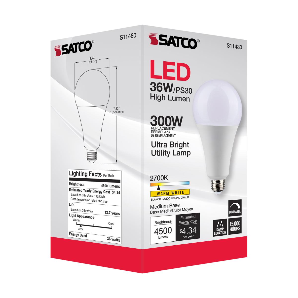 Utility Lamp PS30 LED Bulb, 36 Watts, 4500 Lumens, 2700K, E26 Medium Base, 300W Equal, 120V