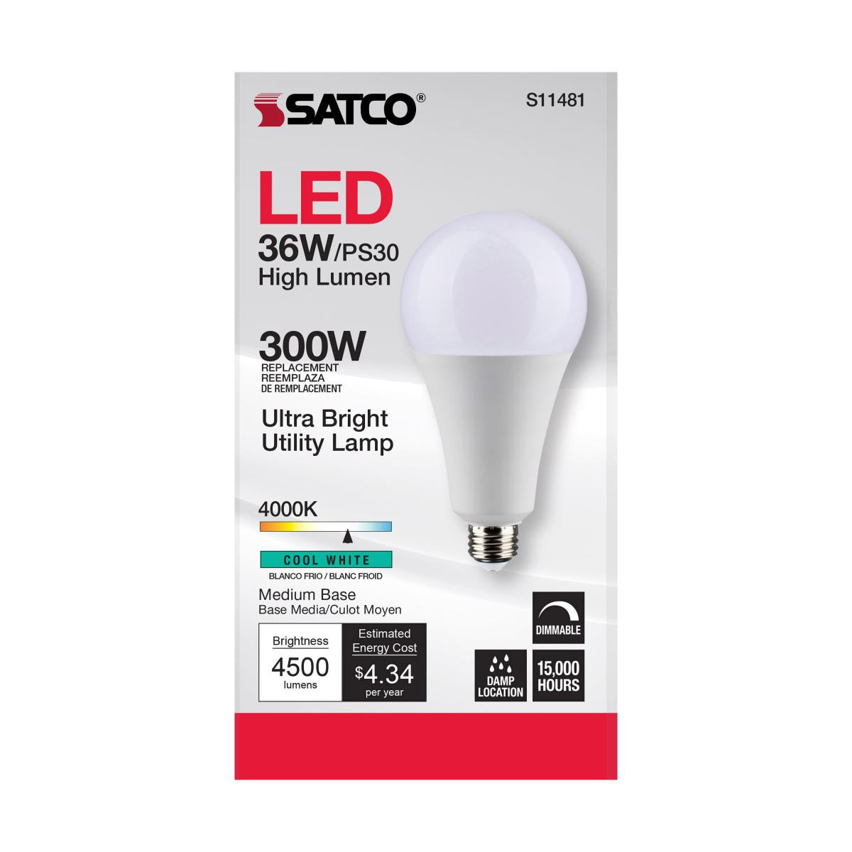 Utility Lamp PS30 LED Bulb, 36 Watts, 4500 Lumens, 4000K, E26 Medium Base, 300W Equal, 120V